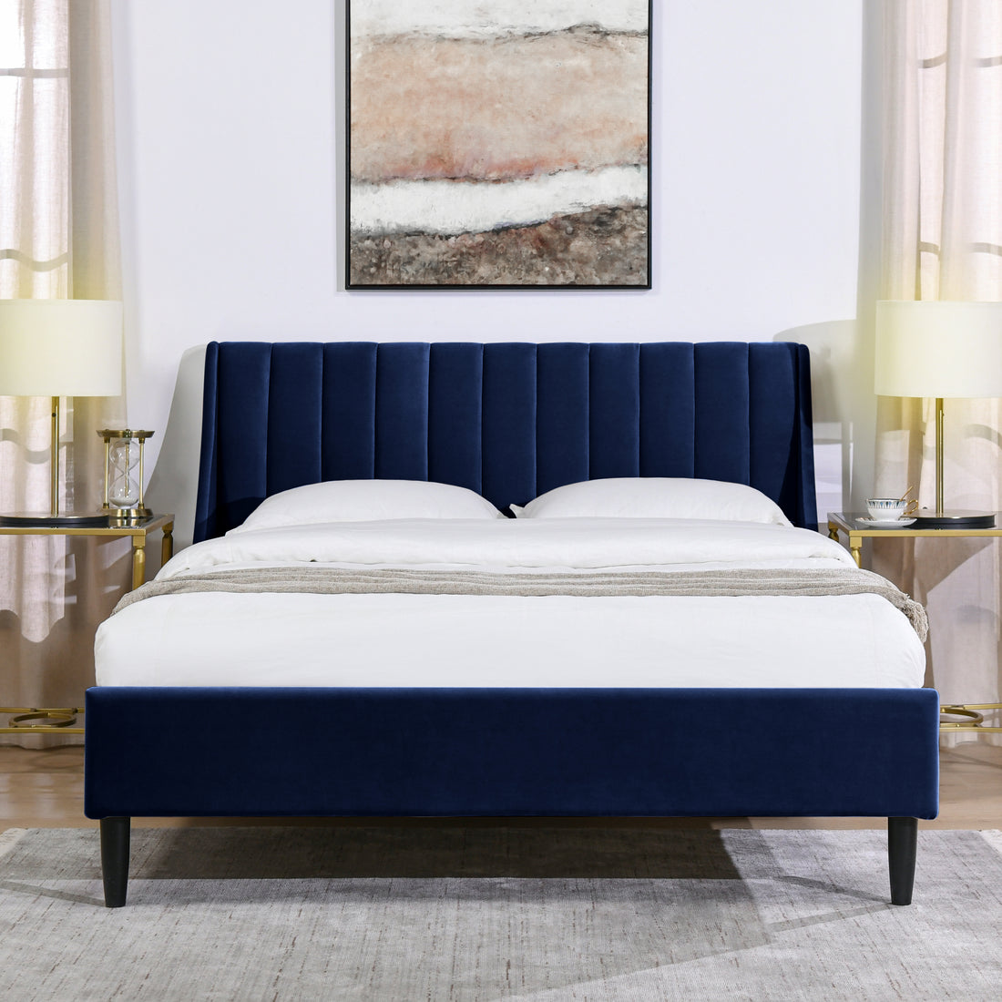 Aspen Vertical Tufted Headboard Platform Bed Set, Queen, Navy Blue Velvet Box Spring Not Required Queen Navy Blue Wood Foam Velvet Velvet