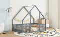 Full Wood House Shaped Floor Bed With Fence, Guardrails,Grey Full Grey American Design Pine