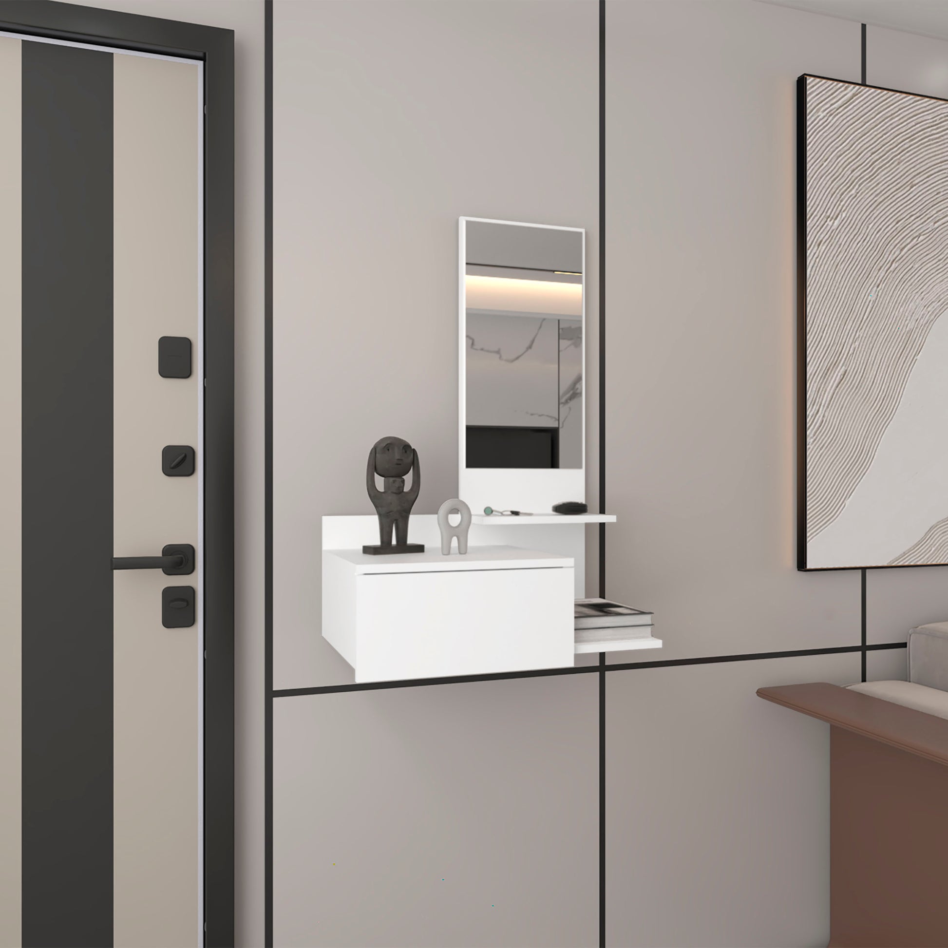 Floating Hallway Cabinet 36.2" H, 1 Drawer, 3 Shelves, 1 Mirror, White White Solid Wood Mdf Engineered Wood