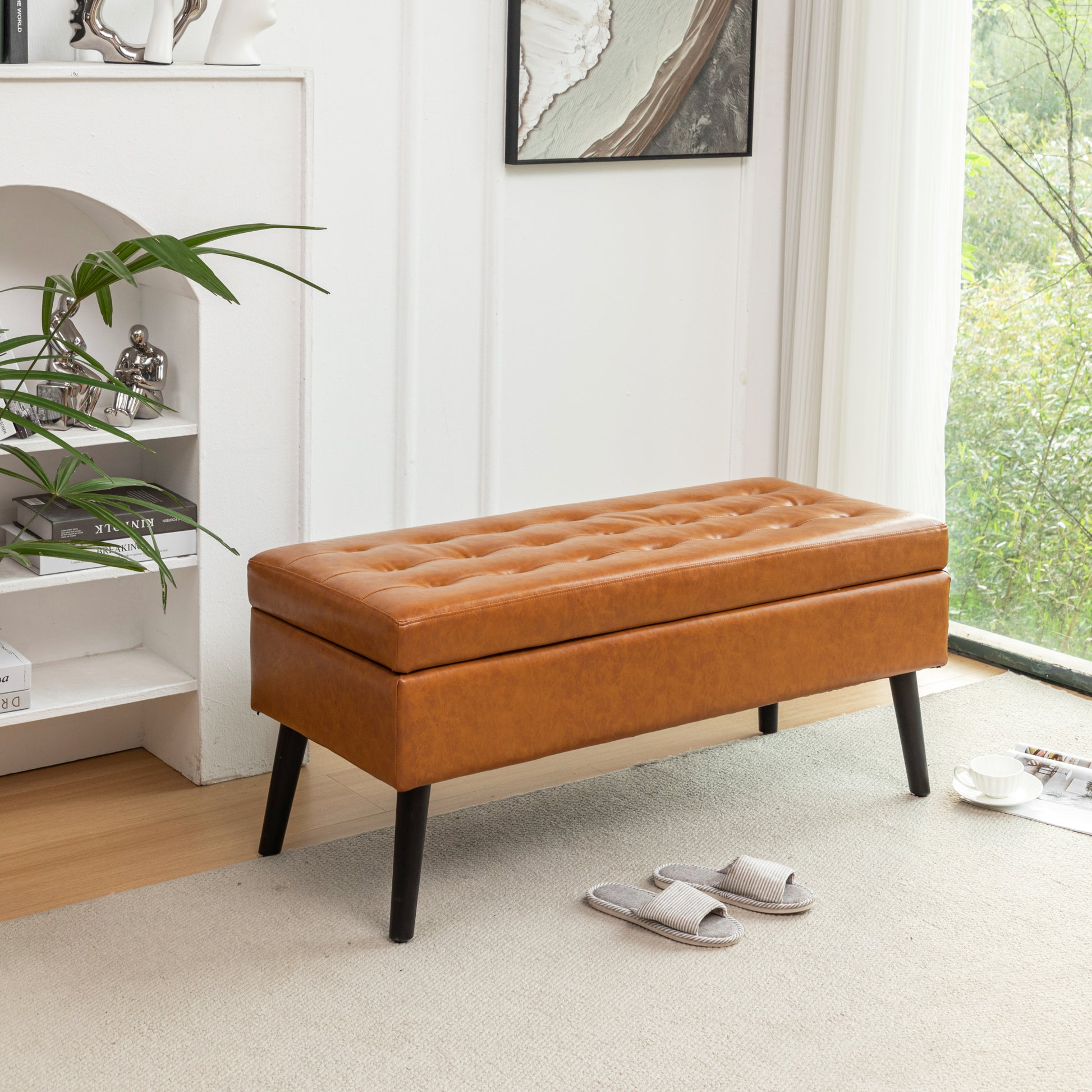 Storage Bench With Storage Bench For Bedroom End Of Bed Bench Foot Of Bed Bench Entryway Bench Storage Ottoman Bench 43.3" W X 17.7" Brown Leather Bench Brown Pu Leather