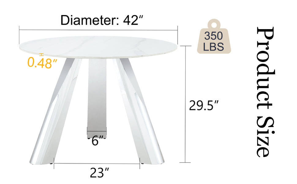 A 42 Inch Stainless Steel Leg Round Table With A Marble Top Is Suitable For Use By Four Or Six People Warm Grey,White Marble Metal,Sintered Stone