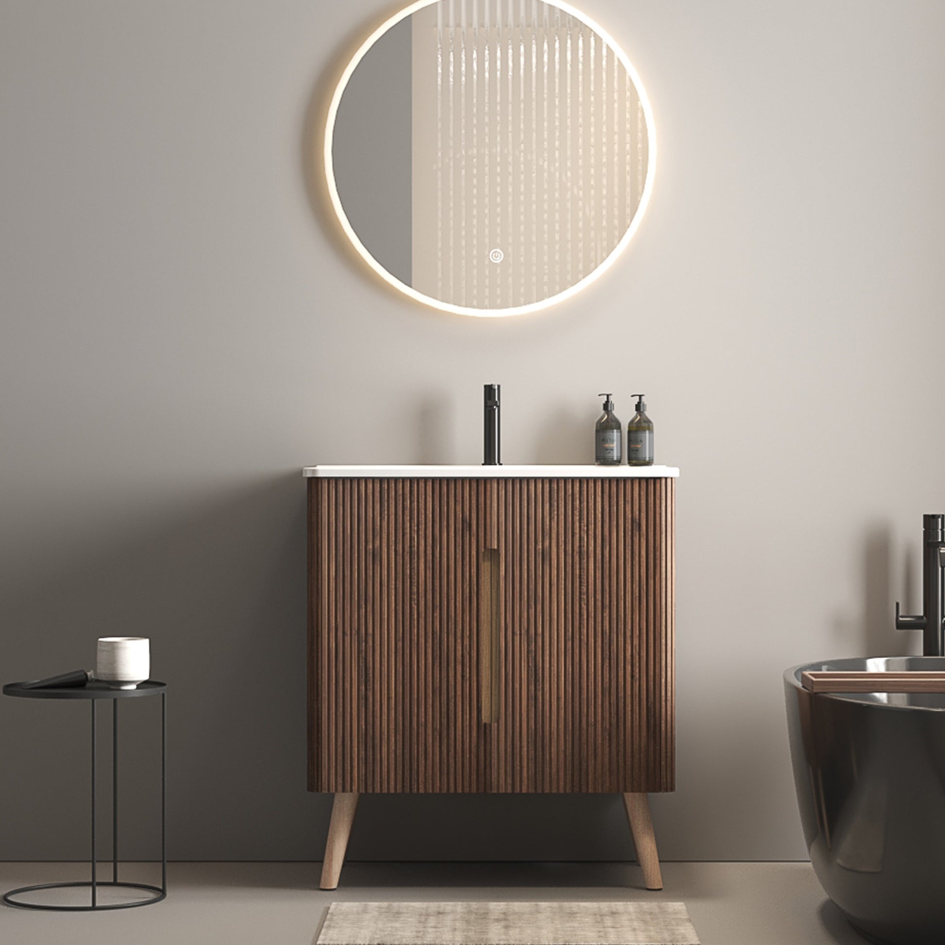 U094 Etna30F 305 Etna 30" Striped Walnut Bathroom Vanity With Sink, Freestanding & Wall Mounted Bathroom Cabinet Options For Modern Bathrooms, Kd White Walnut Bathroom Modern Plywood Ceramic Mdf