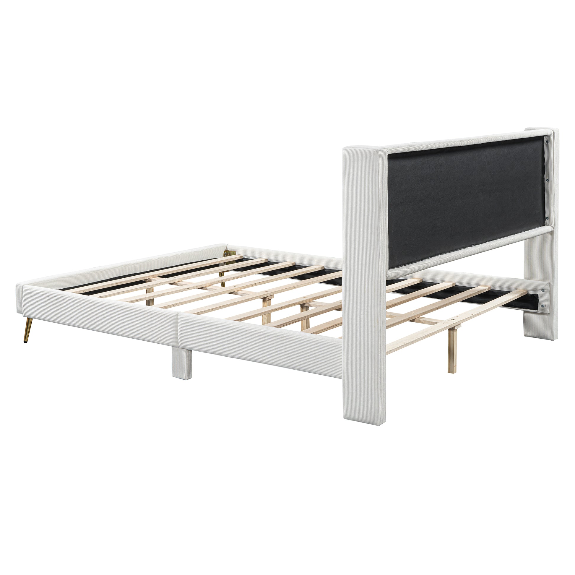 Queen Size Corduroy Platform Bed With Metal Legs, Beige Old Sku:Wf300238Aaa Queen Beige Corduroy