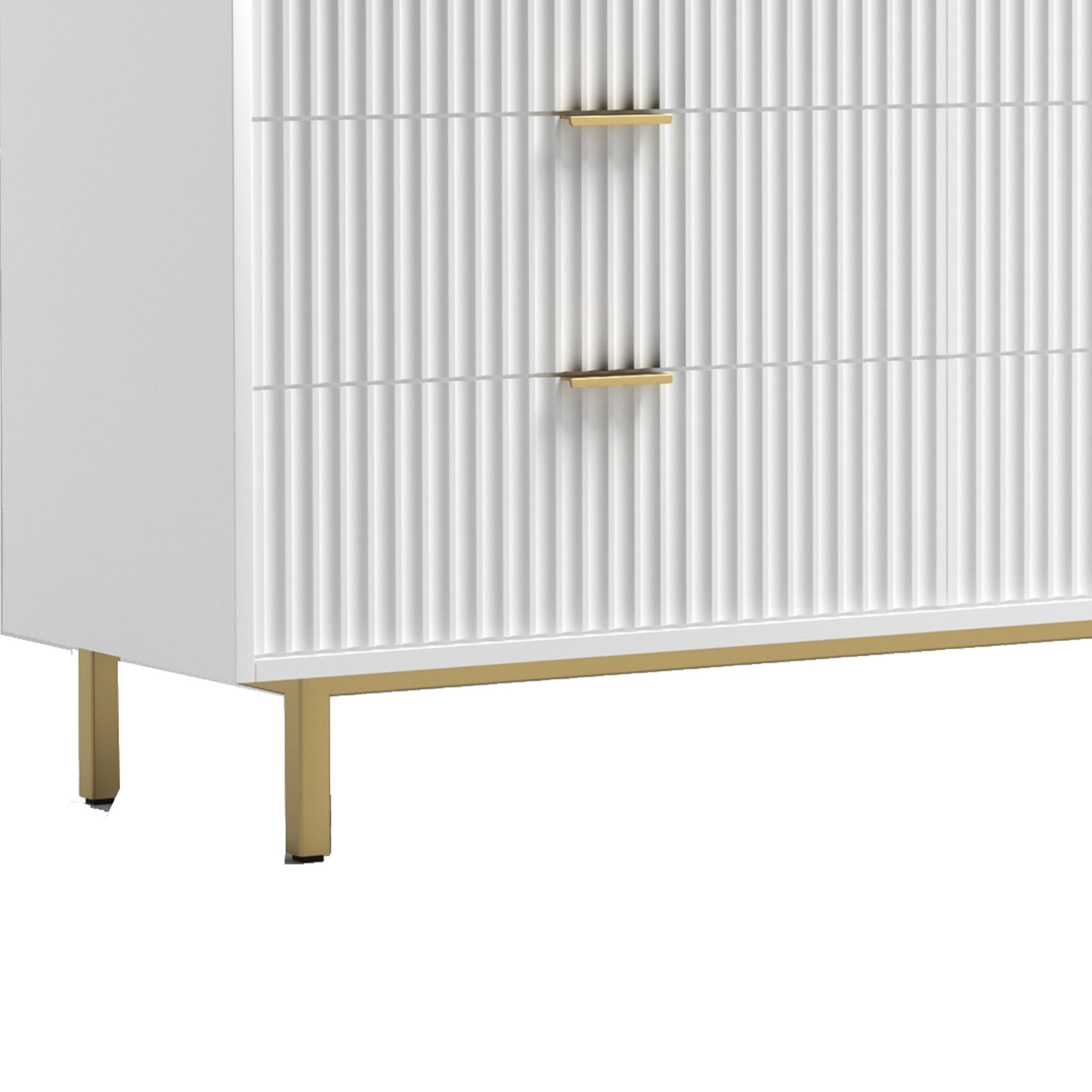 Beth 56 Inch 6 Drawer Dresser, Corrugated Panels, White Mahogany Wood, Gold White Gold Wood