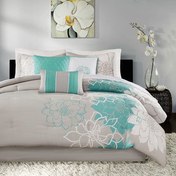 Printed Cotton Sateen Comforter Set Aqua Queen Queen Aqua Cotton