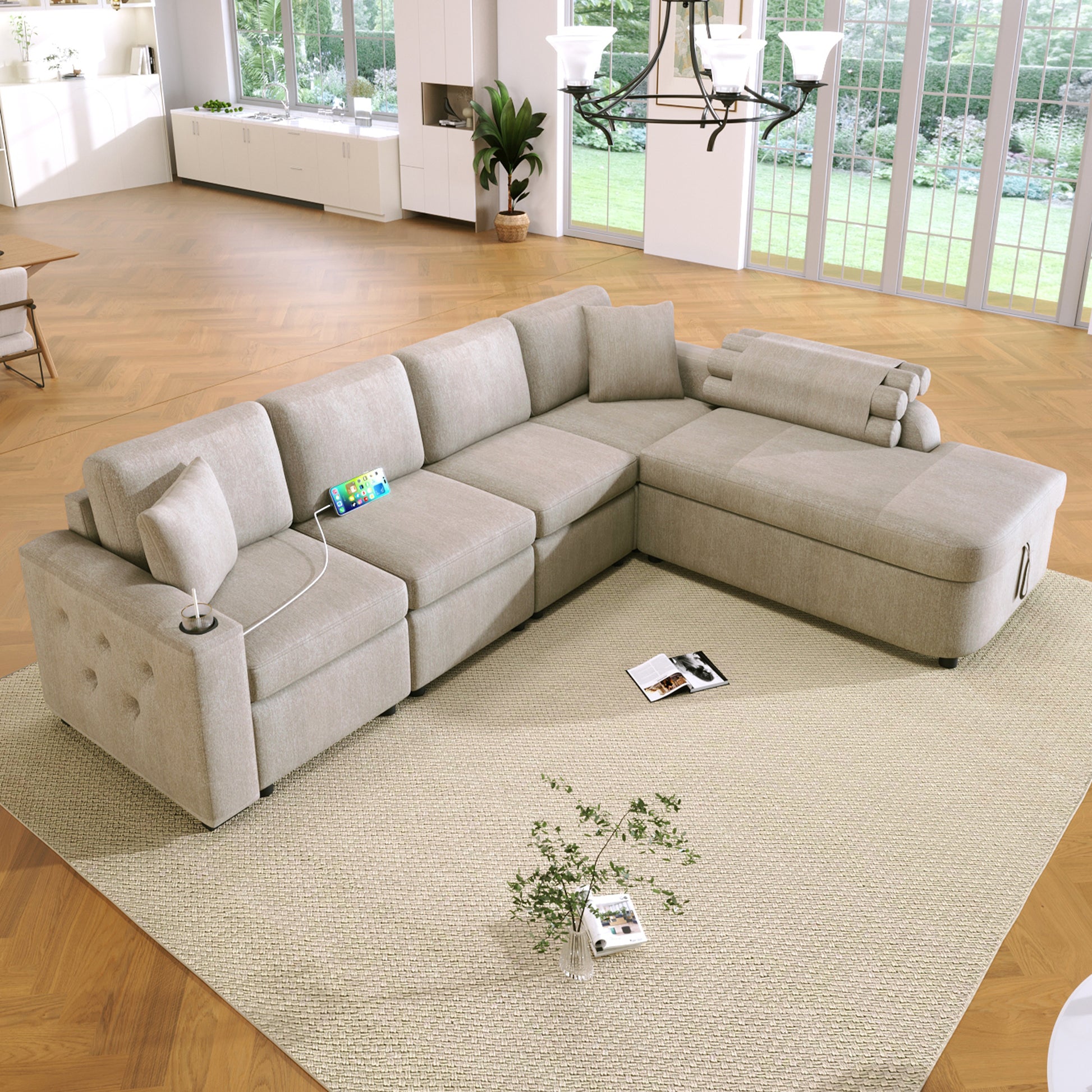 109.8"L Shaped Couch Sectional Sofa With Storage Chaise,Cup Holder And Usb Ports For Living Room, Beige Beige Foam Chenille 4 Seat