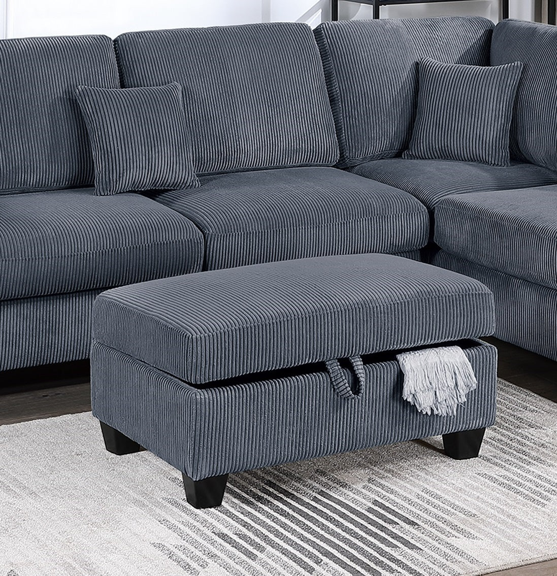 Contemporary Dark Gray 3Pc Sectional Set Corduroy Upholstered Laf Sofa Raf Chaise Ottoman L Sectional Living Room Furniture Dark Gray Primary Living Space Cushion Back Contemporary,Modern L Shaped Rubberwood Corduroy 6 Seat