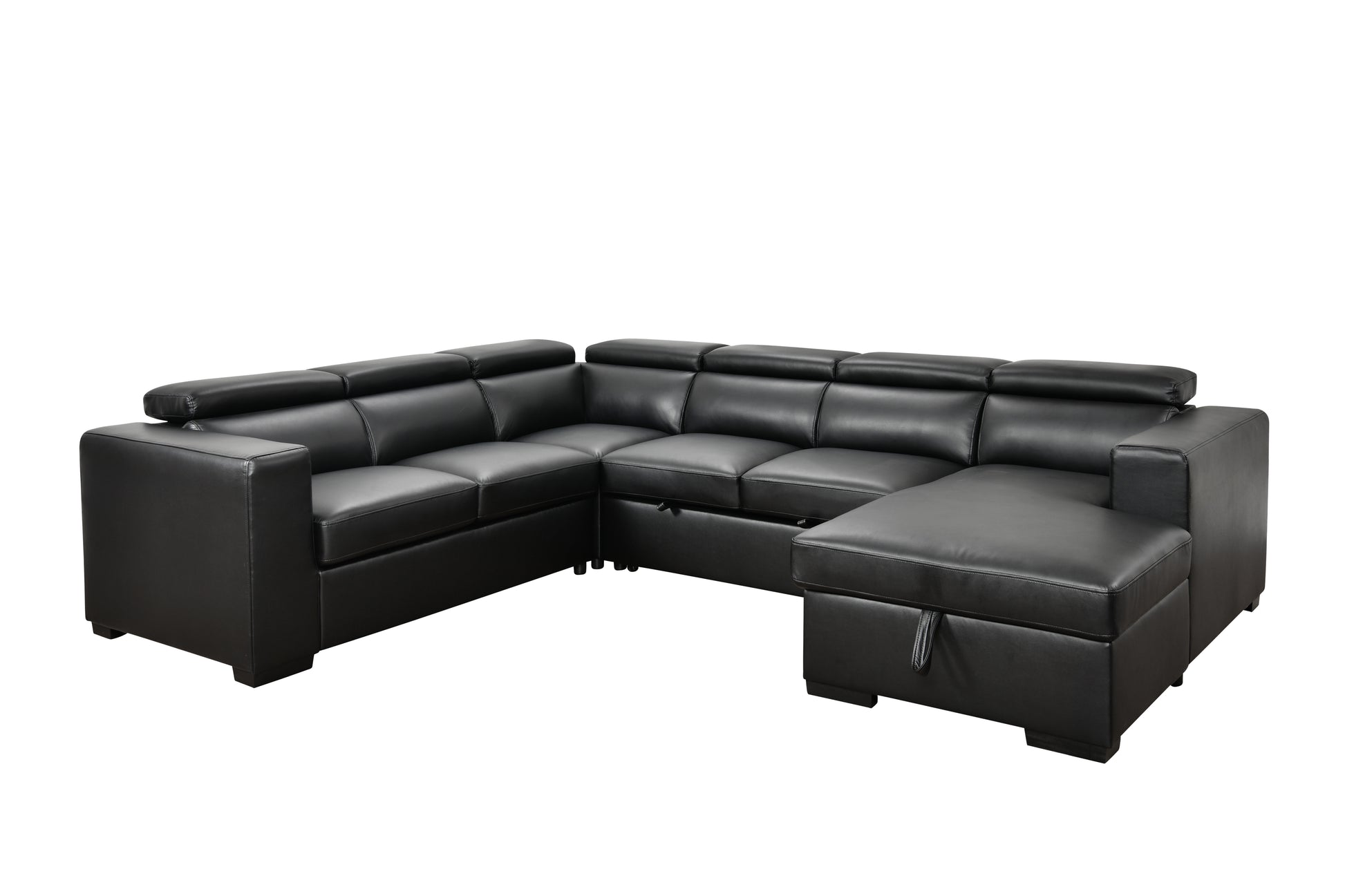 123" Modern U Shaped 7 Seat Sectional Sofa Couch With Adjustable Headrest, Sofa Bed With Storage Chaise Pull Out Couch Bed For Living Room ,Black Light Brown Wood Primary Living Space Heavy Duty Eucalyptus 7 Seat Black Faux Leather Soft Cushion Back