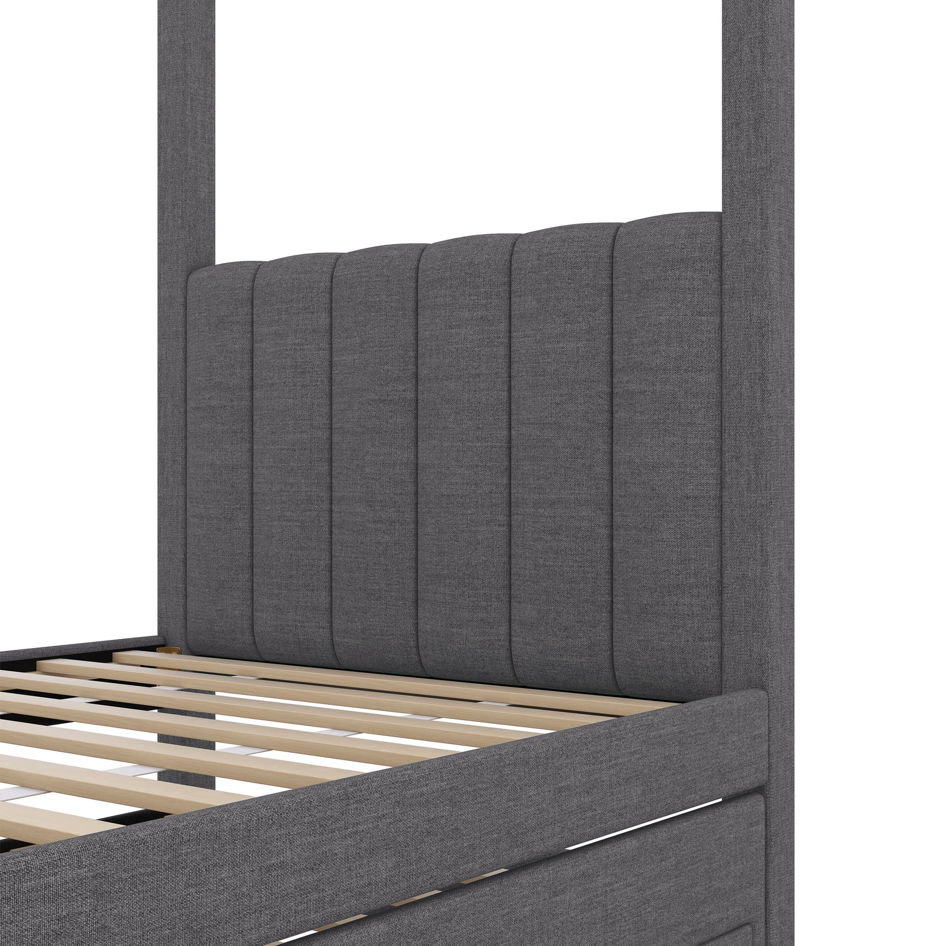 Twin Size Upholstery Canopy Platform Bed With Trundle And Three Storage Drawers, Gray Twin Gray Upholstered