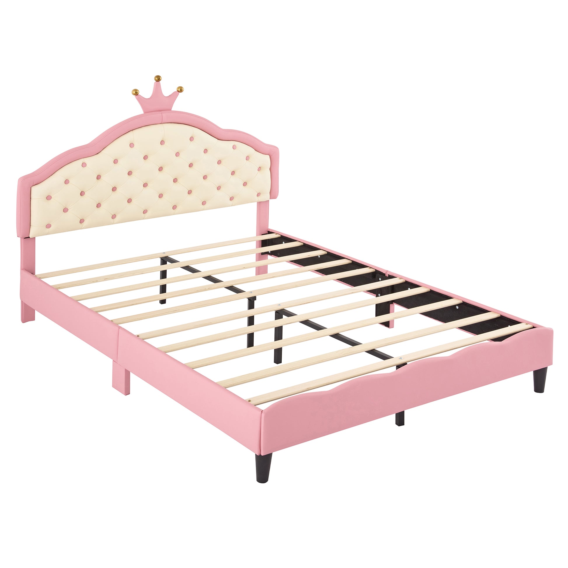 Full Size Lovely Crown Fantasy Pu Leather Princess Bed With Tufted Headboard, Pink Cream Full Pink Mdf Lvl