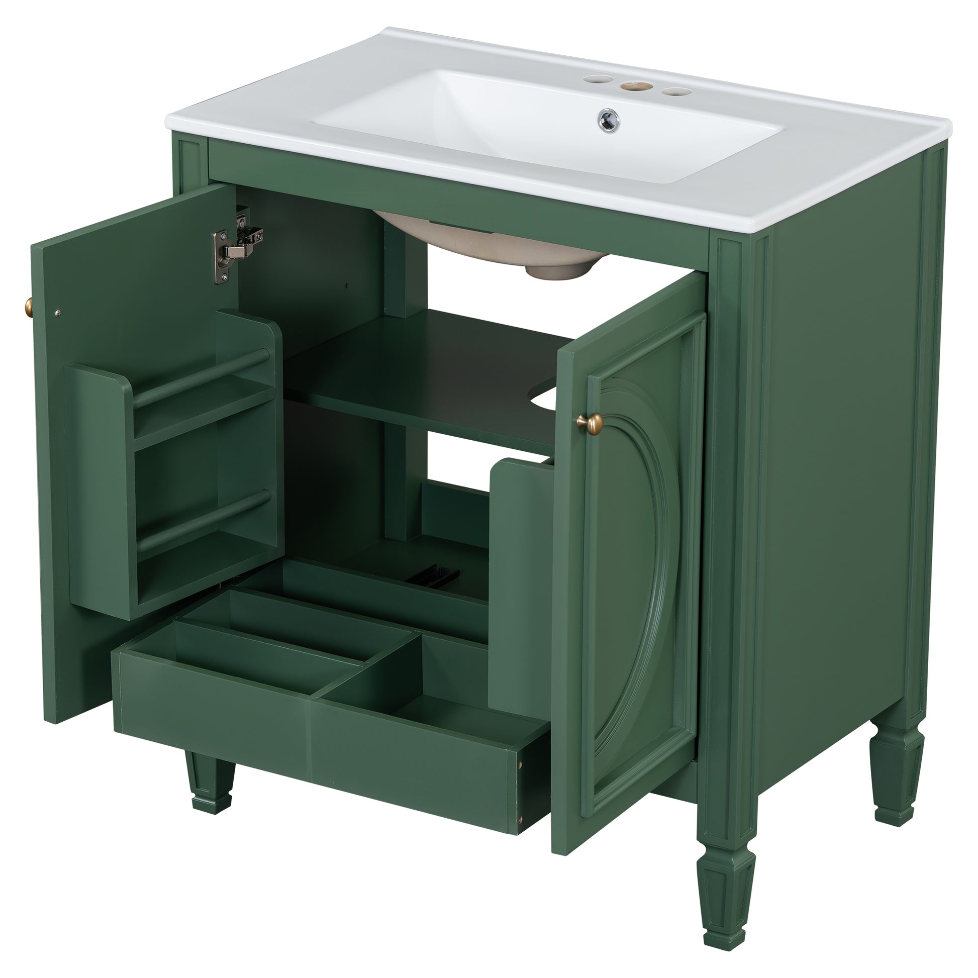 30" Bathroom Vanity With Sink, Two Doors With Shelf, Soft Close Door Hinges, Vintage Style, Green Green Ceramic Mdf,Rubber Wood
