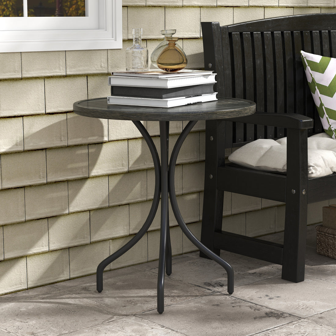 Outsunny Outdoor Side Table, 26" Round Patio Table With Steel Frame And Slat Tabletop For Garden, Backyard, Porch, Balcony, Distressed Gray Gray Steel