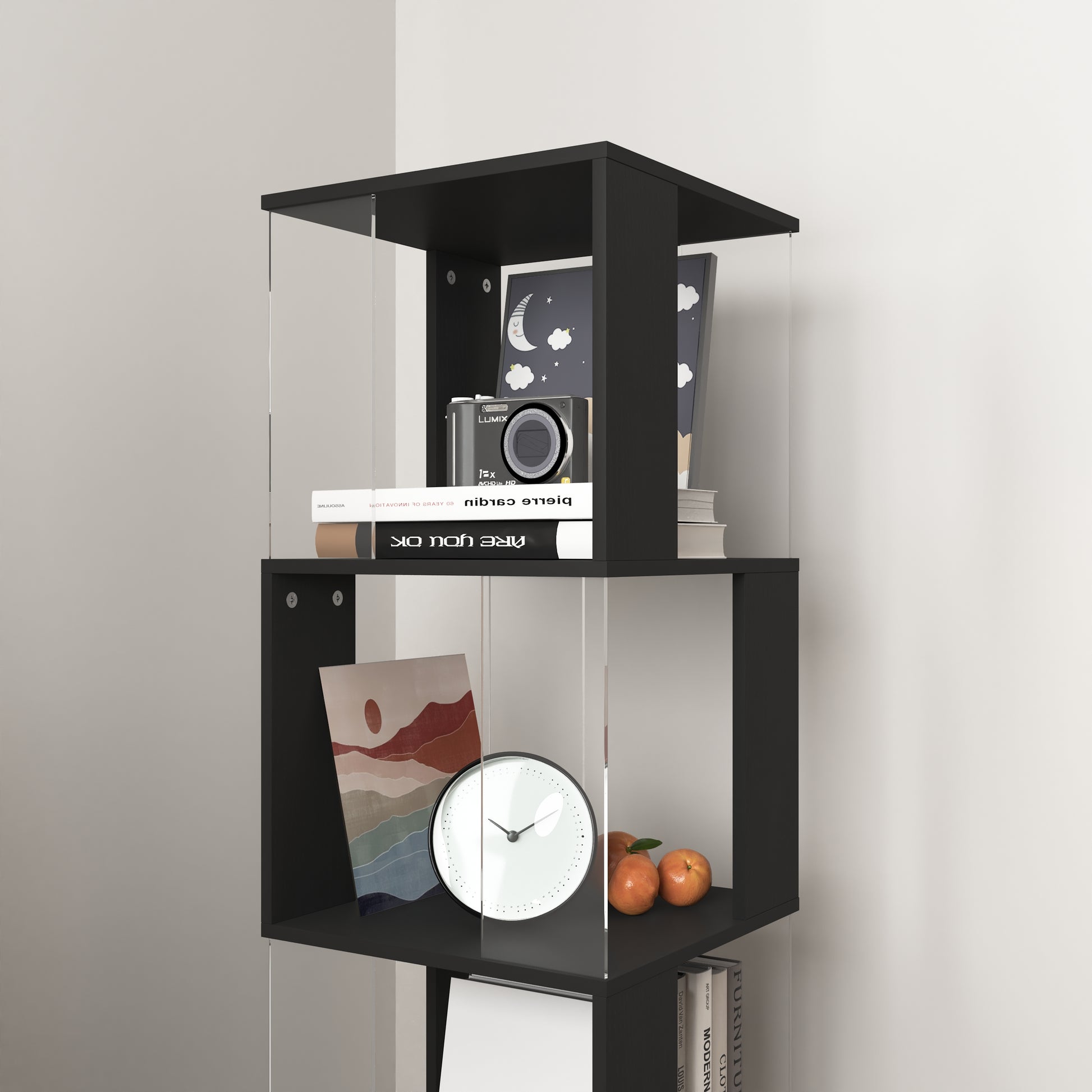 5 Tier Rotating Bookshelf, Floor Rack Simple Bookcase With Acrylic Plate Student Multi Function Creative Bookshelf For Living Room With Anti Toppling Base Black Particle Board