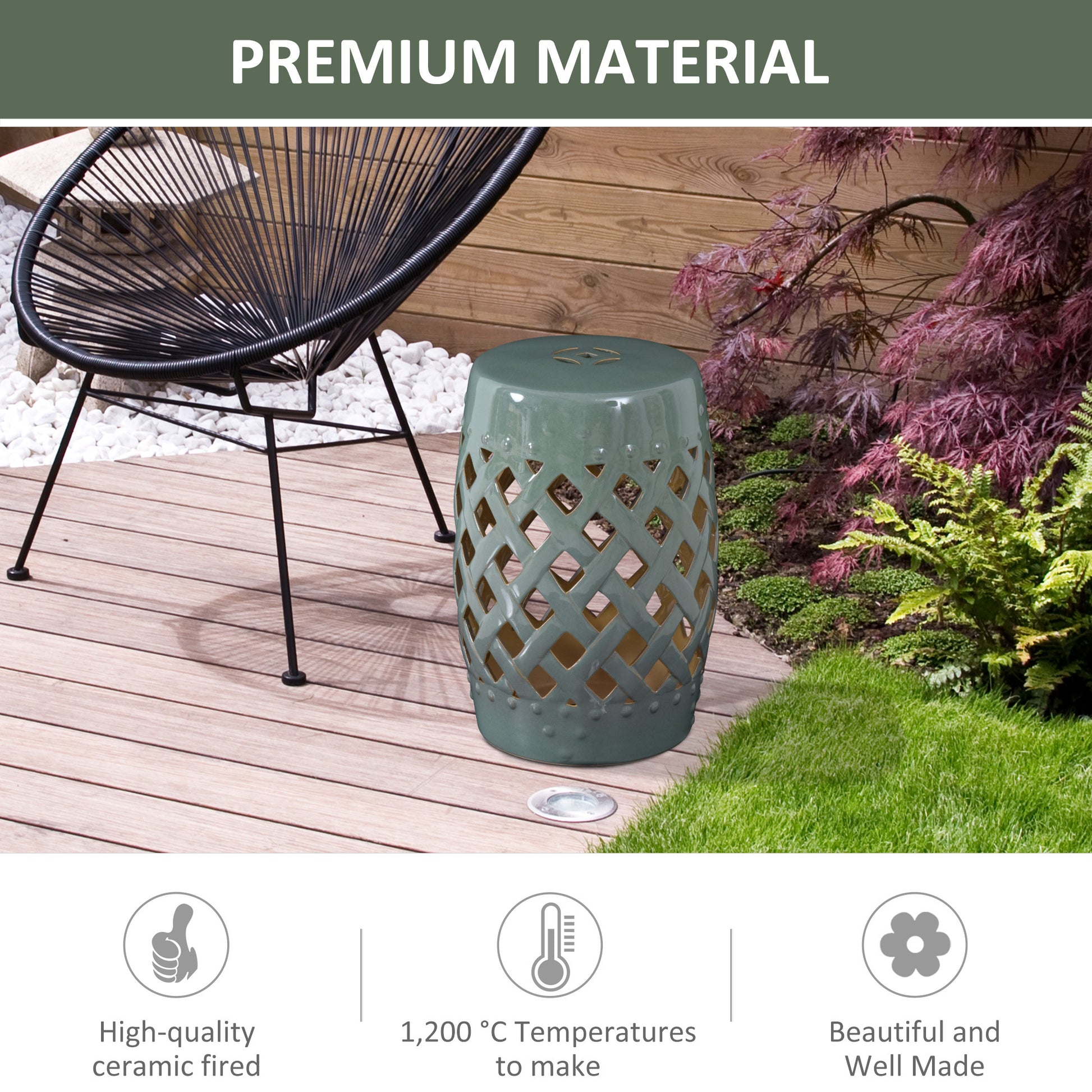 Outsunny 13" X 18" Ceramic Garden Stool With Woven Lattice Design & Glazed Strong Materials Decorative End Table, Green Green Porcelain