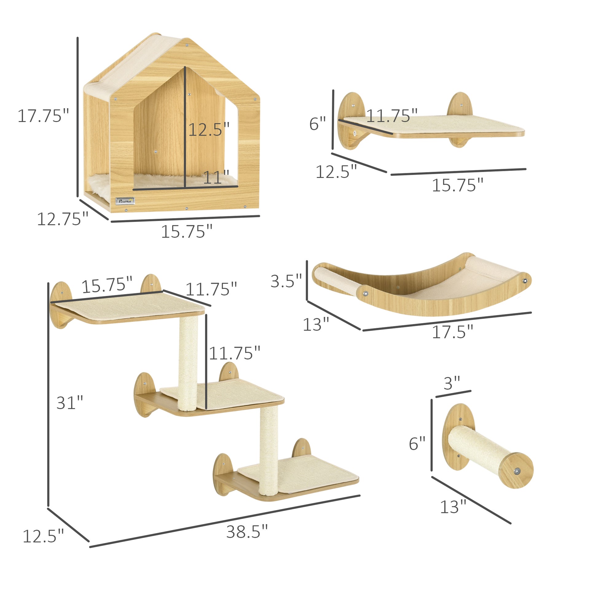 Pawhut Unique Cat Tree Made From Cat Shelves With 10 Levels For More Height, Wall Mounted Cat Tree Climbing Playground With Cat Hammocks, Modern Cat Tree Oak Mdf