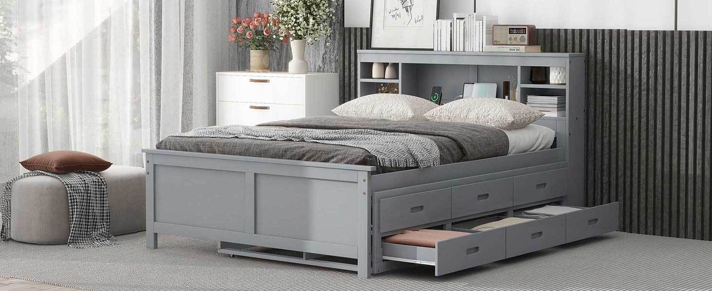 Full Size Platform Bed With Storage Headboard, Usb, Twin Size Trundle And 3 Drawers, Gray Box Spring Not Required Full Gray Wood Bedroom Bed Frame Solid Wood Mdf