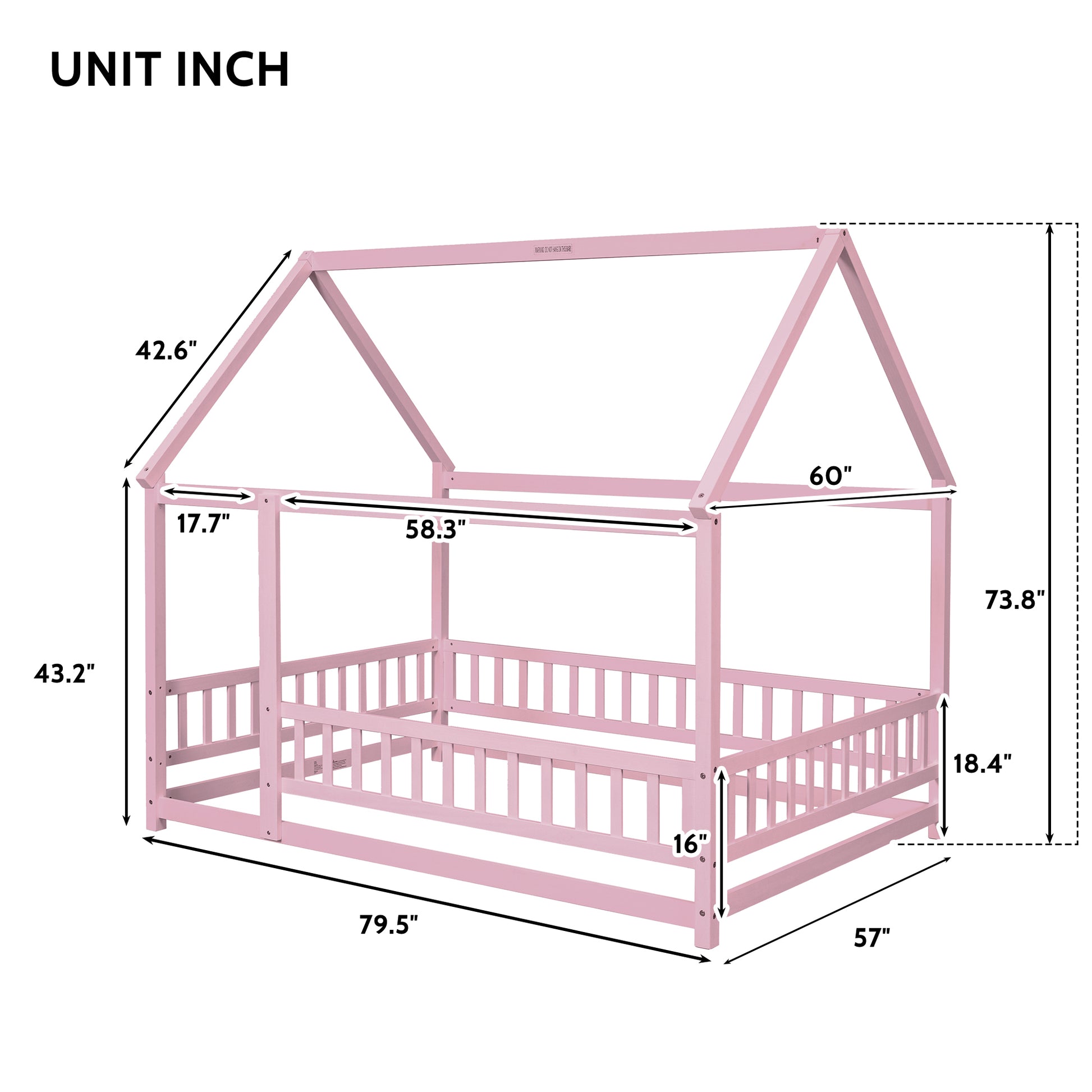 Full Size Floor Wooden Bed With House Roof Frame, Fence Guardrails ,Pink Full Pink Pine