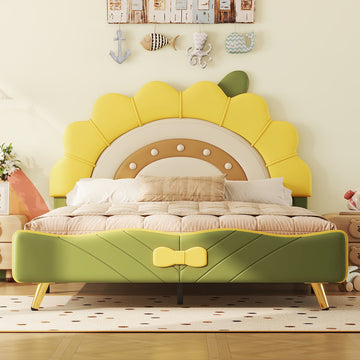 Full Size Upholstered Platform Bed With Sunflower Shaped Headboard, Green Box Spring Not Required Full Green Wood Bedroom Bed Frame Faux Leather Upholstered