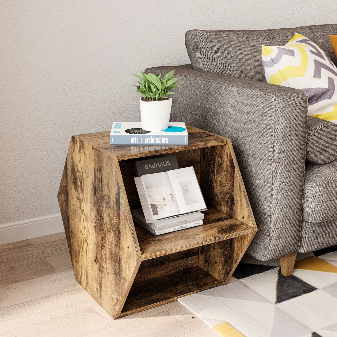 23.62'' Hexagonal Coffee Table Side Table Nightstand Antique Wood Antique Brown Mdf