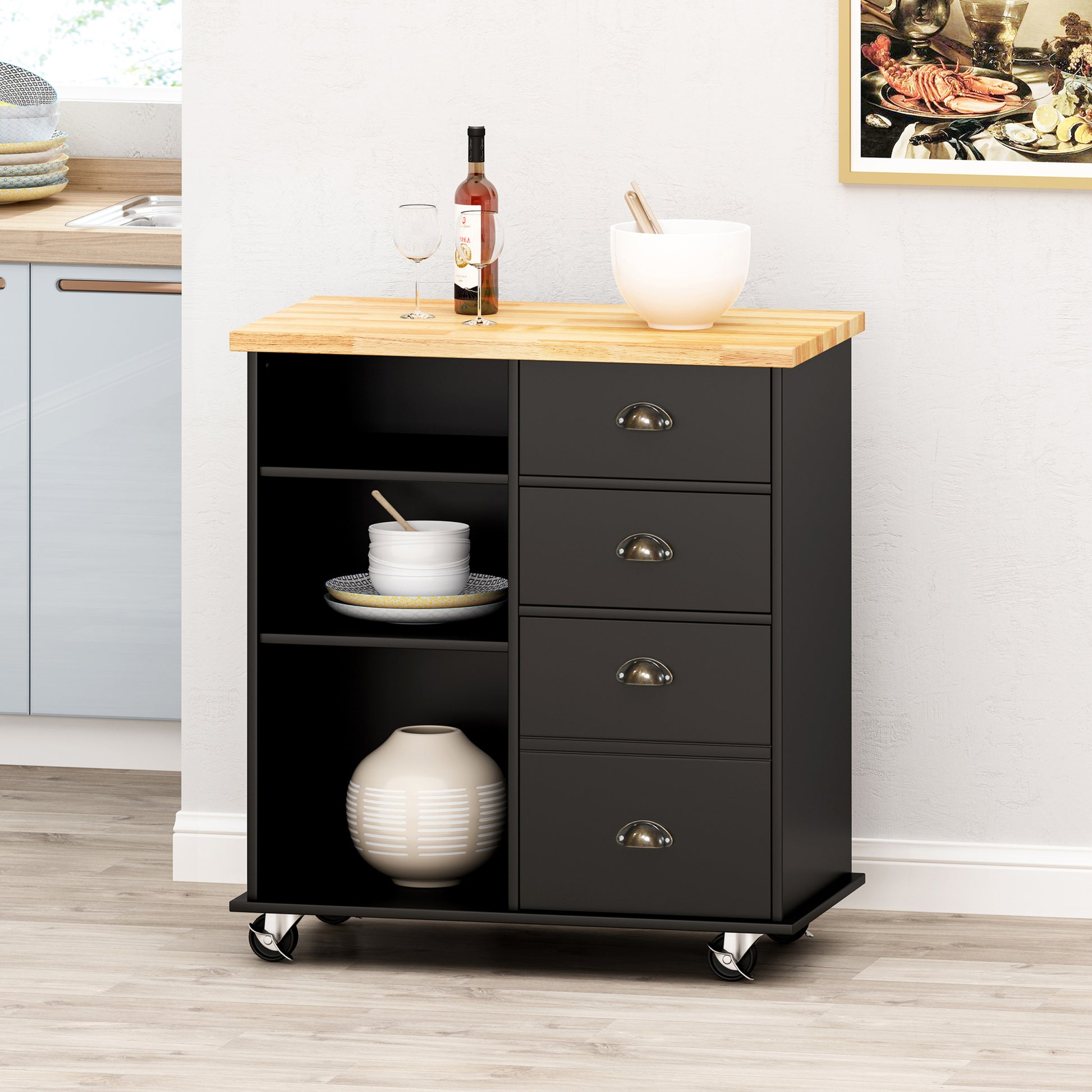 Provence Kitchen Cart With 2 Drawers 1 Door Black Wood