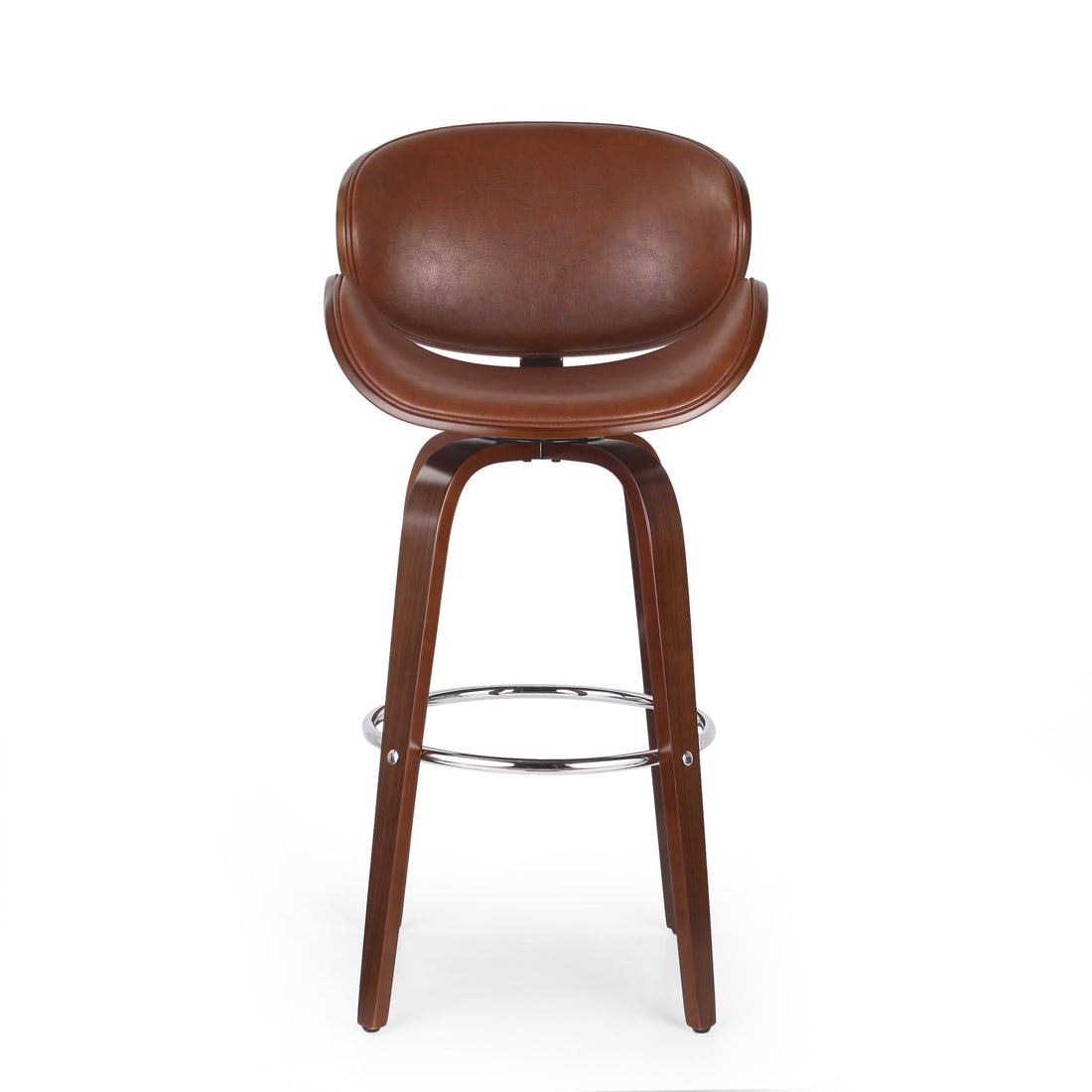 30" Mid Century Modern Upholstered Swivel Barstool, Walnut Cognac Brown Pu