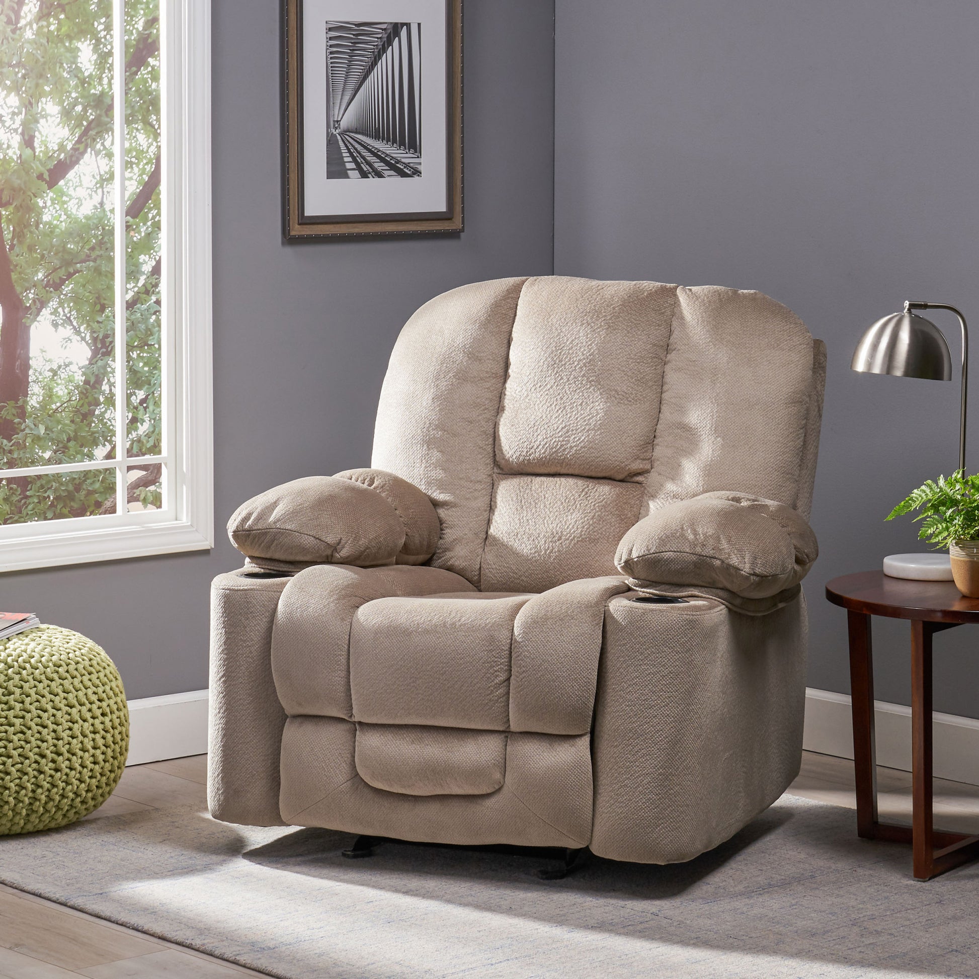 Luxurious Manual Recliner Chair In Coffee, Skin Friendly Fabric, Dual Cup Holders Coffee Fabric