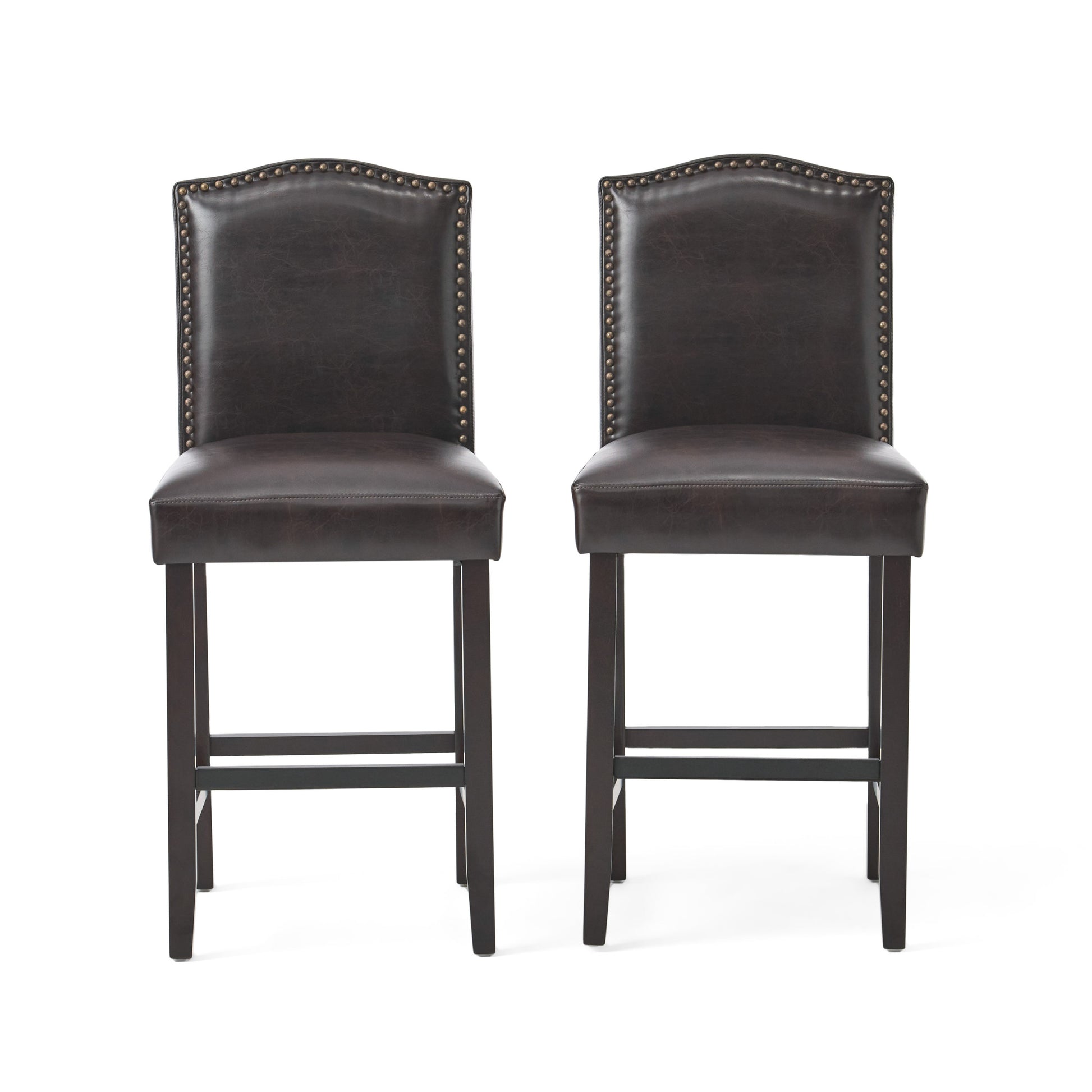 Set Of 2, 27" Upholstered Counter Height Barstools With Trim, Brown And Walnut, Pu Brown Pu