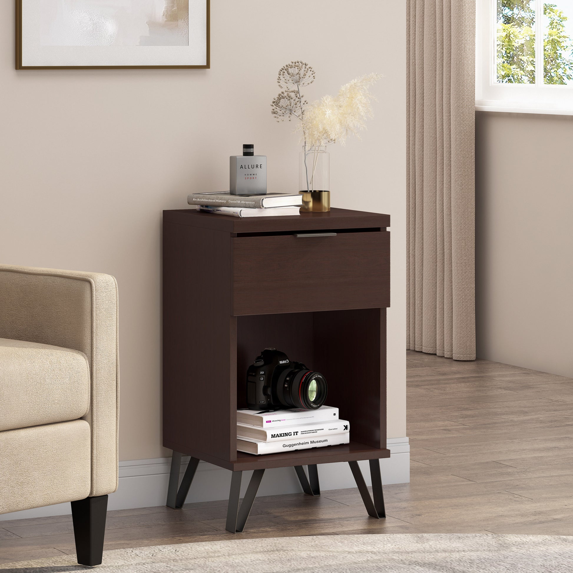 1 Drawer Tall End Table Walnut Mdf