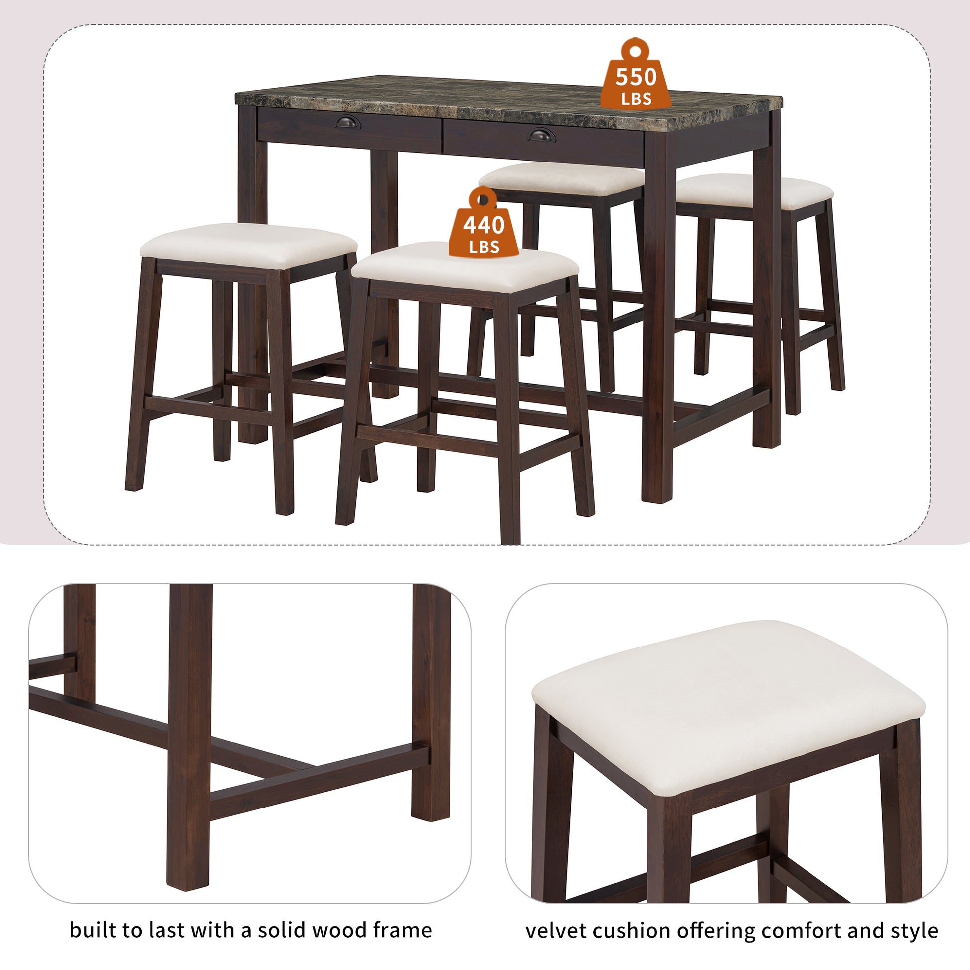 5 Piece Modern Faux Marble Versatile Bar Table Set With Storage Drawers And Padded Stools, Ideal For Space Saving Dining Nooks Or Small Kitchens Walnut Walnut Solid Wood Mdf