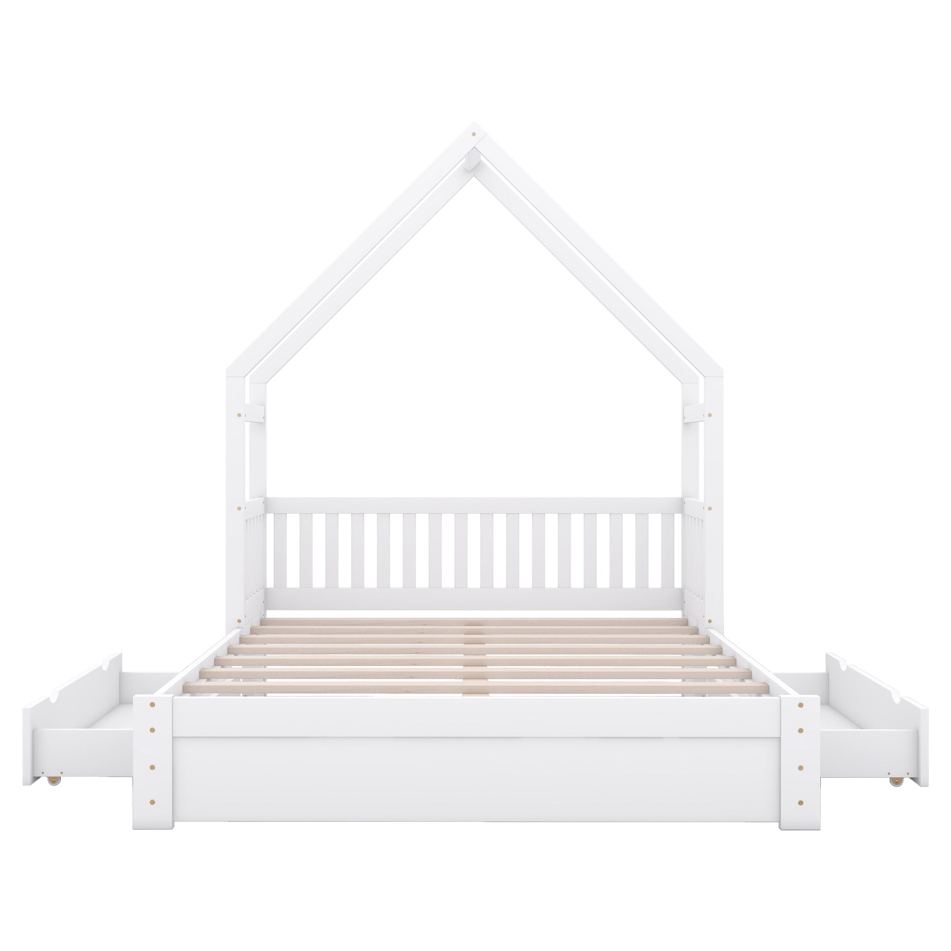 Wood Queen Size House Platform Bed With Guardrail And 2 Drawers, White Box Spring Not Required Queen White Wood Bedroom Bed Frame Solid Wood Mdf
