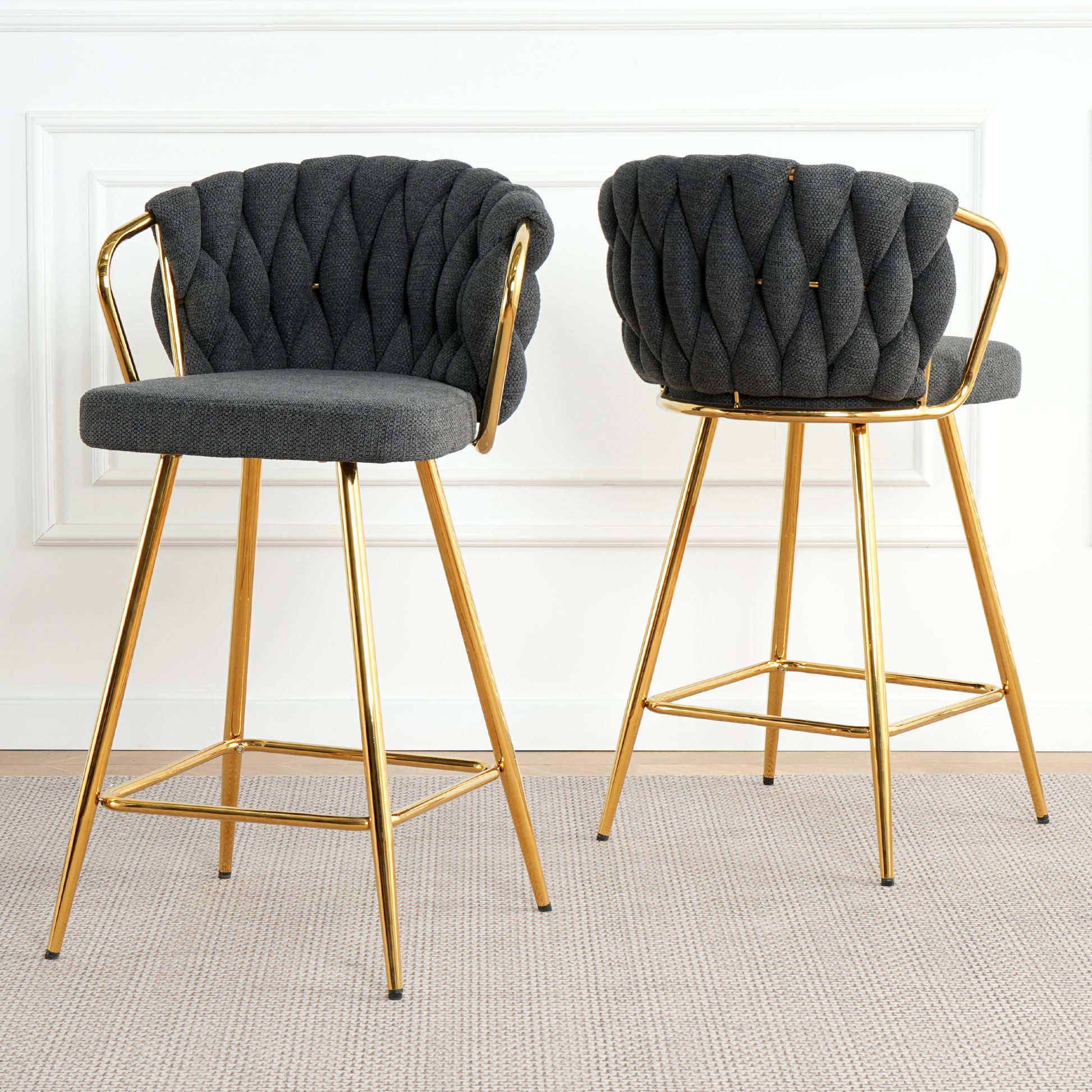 Modern Design High Stool Gold Plated Legs Kitchen Dining Dark Grey Linen Bar Chair, Suitable For Cafe Bar Restaurant Set Of 2 Metal Dark Gray Flannelette