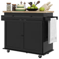 Homcom Kitchen Island With Storage, Farmhouse Rolling Kitchen Island Cart On Wheels With Drawer, 2 Cabinets, Rubberwood Top, Spice Rack, Towel Racks And 2 Hooks, Black Black Rubber Wood