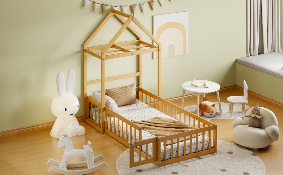 Wooden Floor Bed With Fence Railings And Detachable House Shape Headboard, Twin Size Bed With Kids Dress Up Rack, Kids Montessori Style Playhouse Frame For Girls Boys, Natural Twin Natural Wood