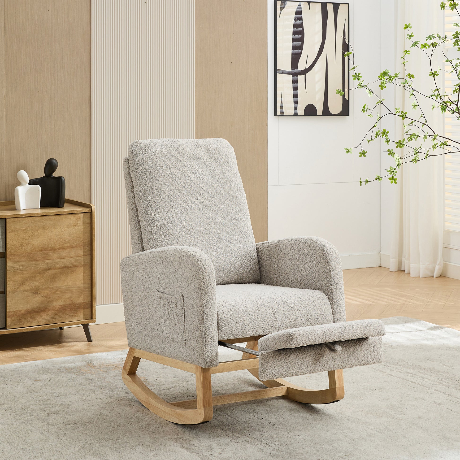 25.4"W Rocking Chair For Nursery, High Back Glider Chair With Retractable Footrest, Side Pocket, Rocking Accent Armchair With Rubber Wood Legs For Living Room Bedroom.Light Gray Light Gray Boucle