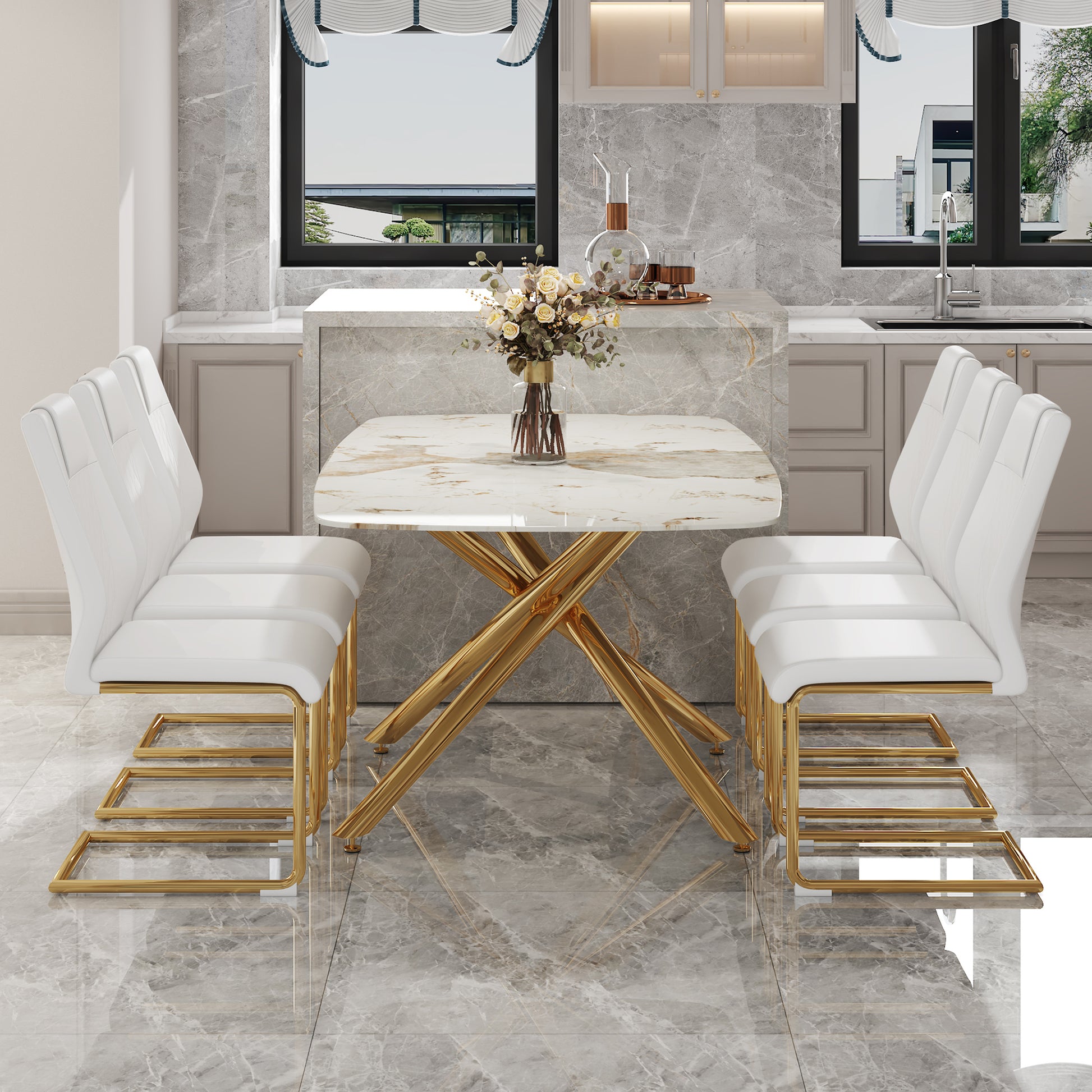 Table And Chair Set.Modern Luxurious Tempered Glass Dining Table Set With Gold Metal Legs And 6 Pu Chairs.White Marble Patterned Sticker Tabletop,White Chairs With Gold Metal Legs. White Gold Seats