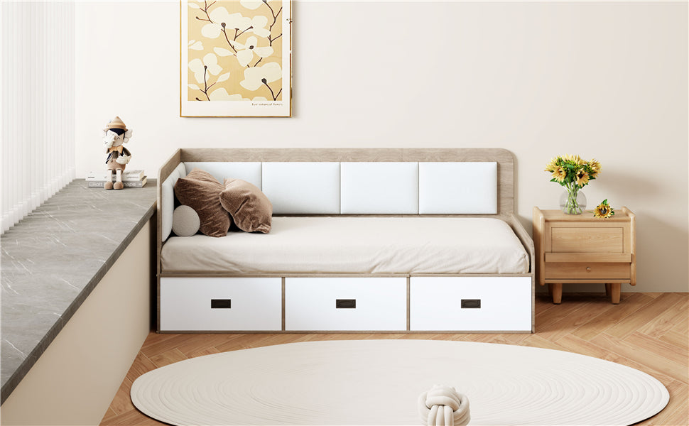 Twin Size Daybed With Three Drawers And Three Storage Compartments, Nature Beige Twin Beige Natural Mdf