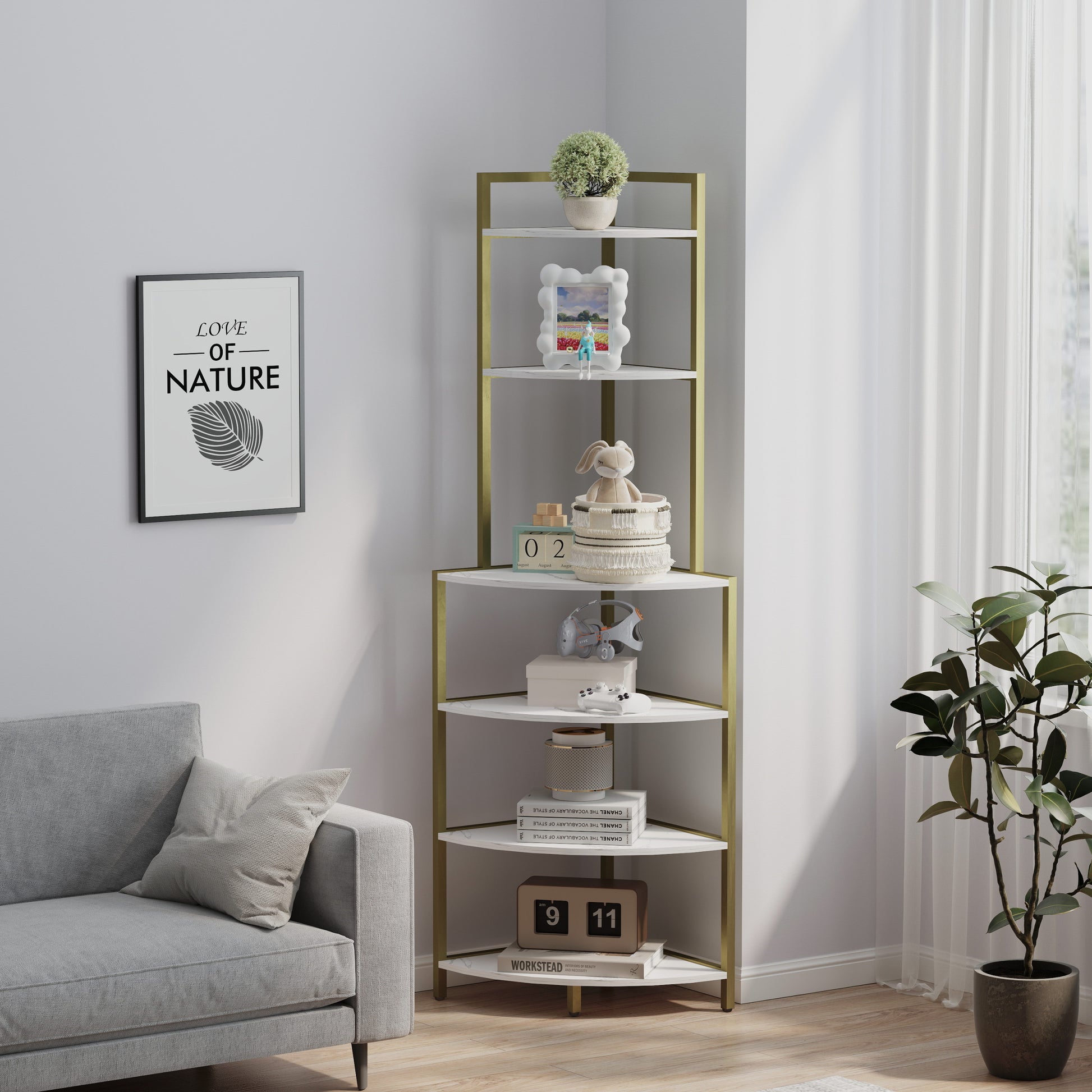 6 Tier Corner Open Shelf Modern Bookcase Wood Rack Freestanding Shelving Unit,Plant Album Trinket Sturdy Stand Small Bookshelf Space Saving For Living Room Home Office Kitchen Small Space Rustic Brown Gold White Corner Office American Design,Rustic