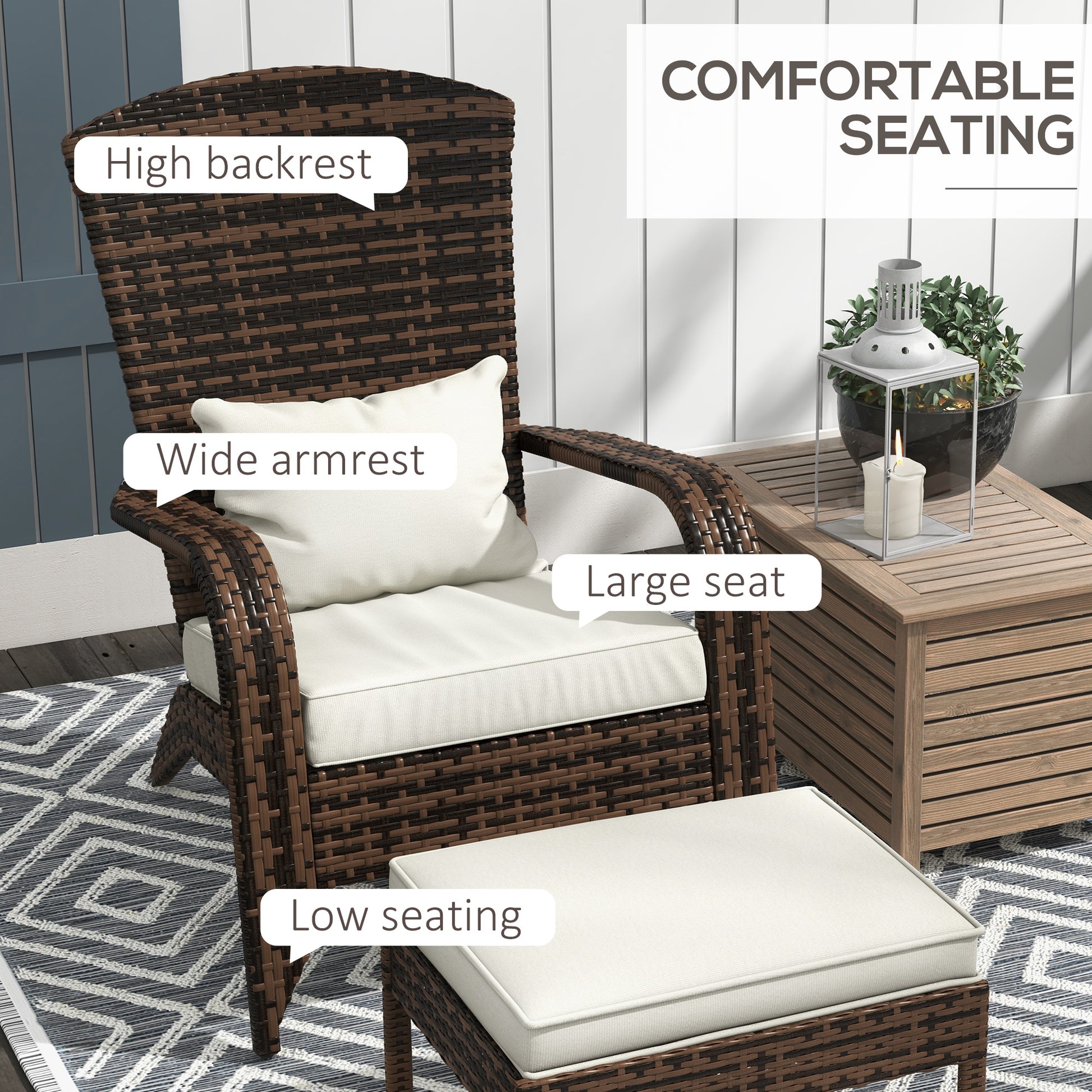 Outsunny Patio Wicker Adirondack Chair With Ottoman, Outdoor Fire Pit Chair With Cushions, High Back, Large Seat & Armrests For Deck, Garden & Backyard, Cream White White Steel
