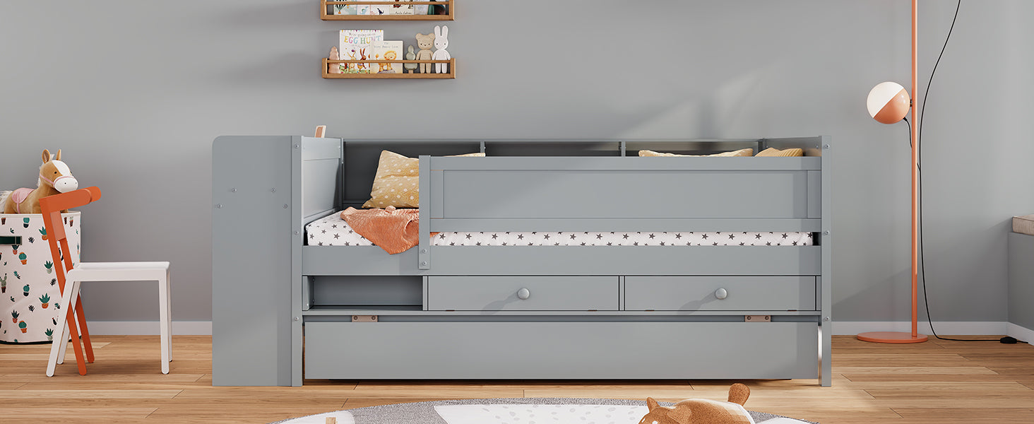 Multi Functional Twin Daybed With Drawers And Trundle, Headboard Storage And Tables, Usb Charging Station, Gray Box Spring Not Required Twin Gray Wood Daybeds Pine