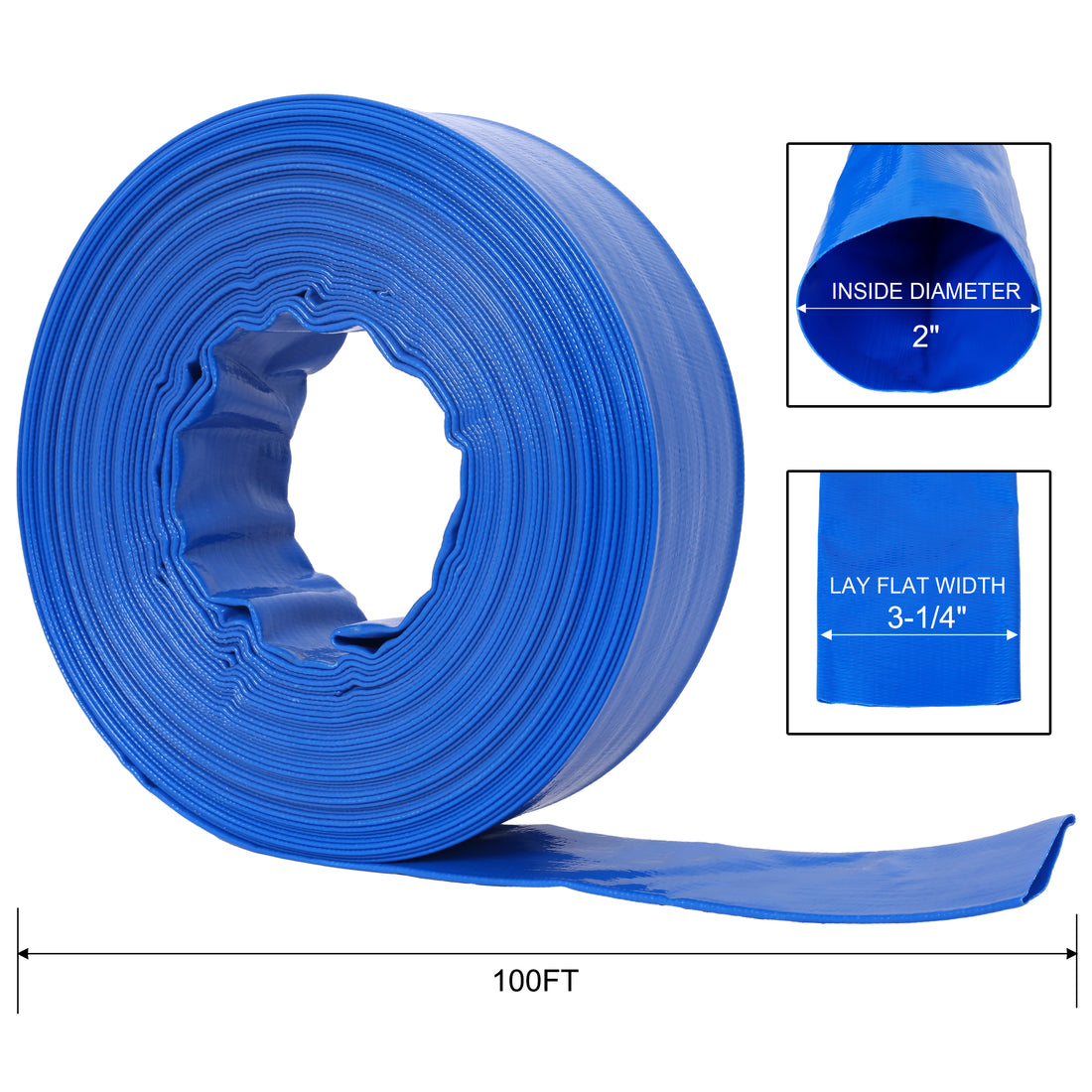 2"X100Ft Pool Backwash Hose, Blue Heavy Duty Reinforced Pvc Lay Flat Water Discharge Hose For Swimming Pool Filter Pump,With 2 Clamp Blue Pvc