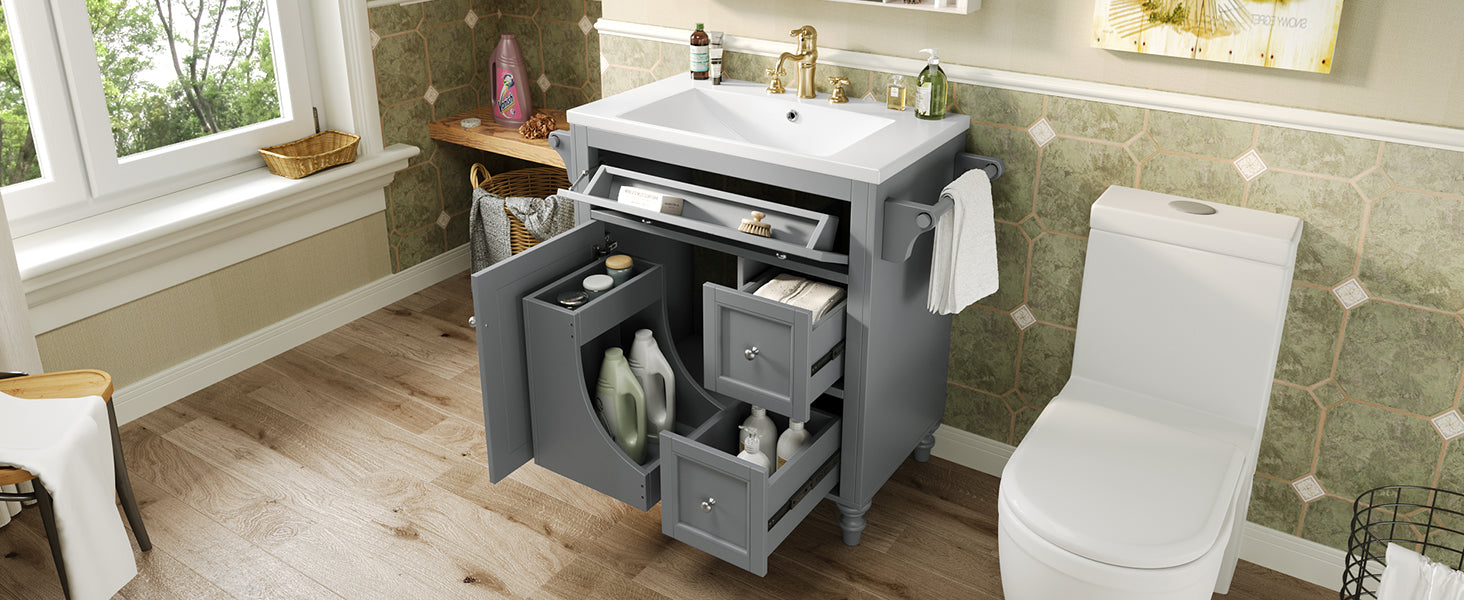30'' Bathroom Vanity With Top Sink, Modern Bathroom Storage Cabinet With 2 Drawers And A Tip Out Drawer, Single Sink Bathroom Vanity Same As Sw000143Aae Grey Bathroom Modern Solid Wood Mdf Resin