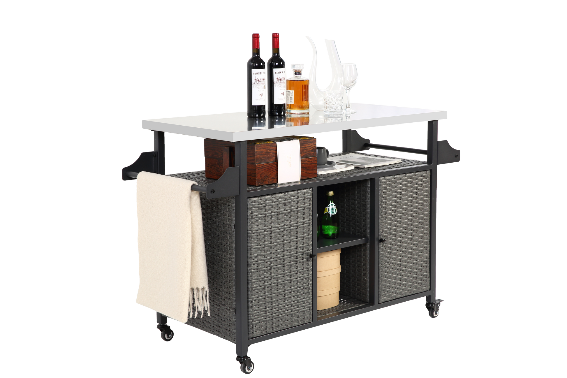 Large Bar Cart,Outdoor Kitchen Wicker Island Rolling Cart & Storage Cabinet, Wheels And Stainless Steel Extended Table Top, Side Handle For Patio Kitchen Or Bar Cart, Grey No Grey Garden & Outdoor