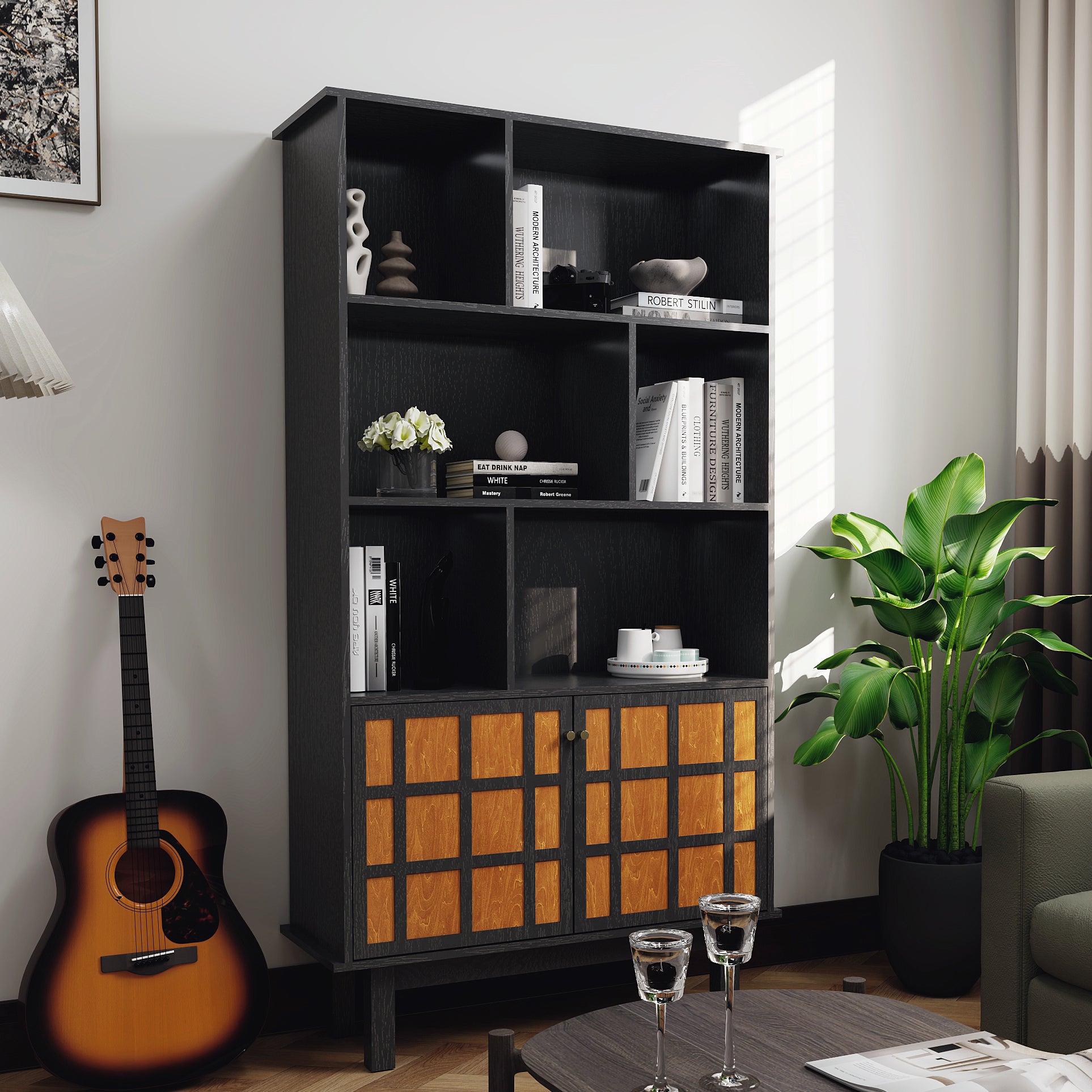 Bookcase With Cabinet, Bookshelf With Doors, Black&Honey Black Vertical Primary Living Space Closed Back Wood With Doors Mdf