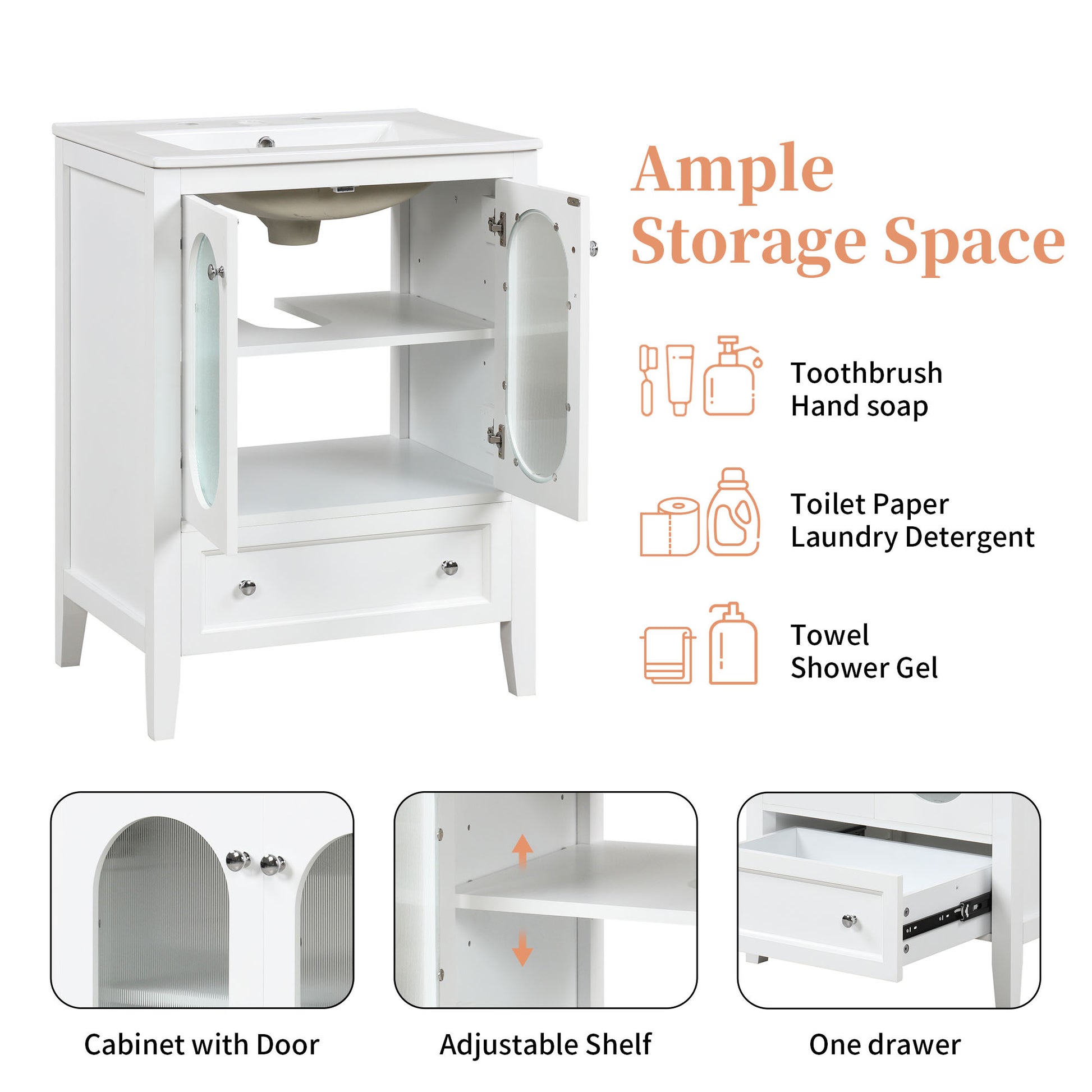 24" Bathroom Vanity With Sink, Bathroom Vanity Cabinet With One Drawer And Doors, Adjustable Shelf, Solid Wood And Mdf, White White Solid Wood Mdf