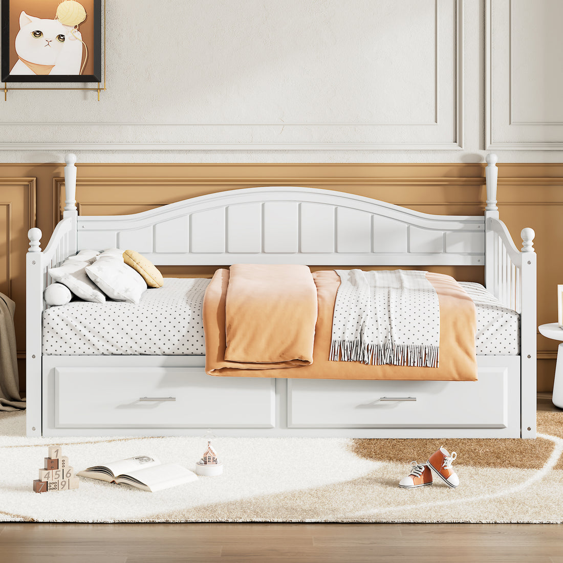 Wooden Twin Size Daybed With Twin Size Trundle, Extendable Daybed With Two Storage Drawers,White Expected Arrival Time:9.12 Twin White Wood