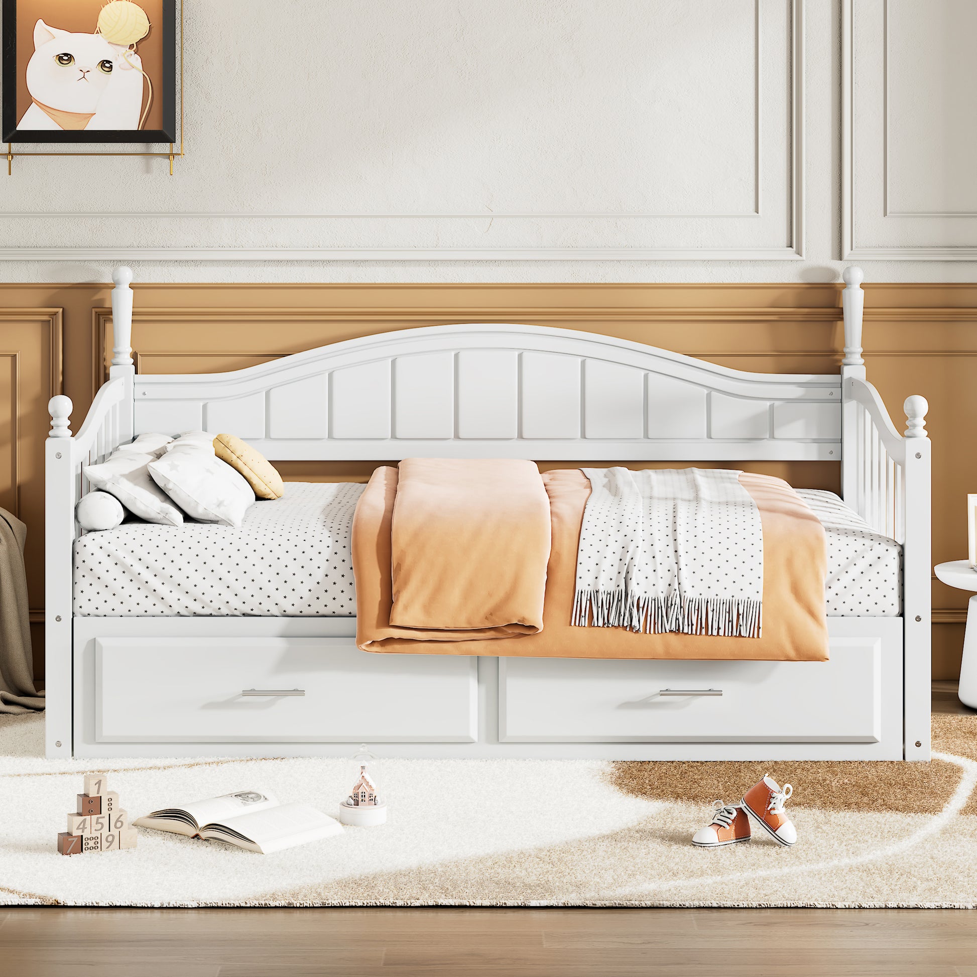 Wooden Twin Size Daybed With Twin Size Trundle, Extendable Daybed With Two Storage Drawers,White Expected Arrival Time:9.12 Twin White Wood