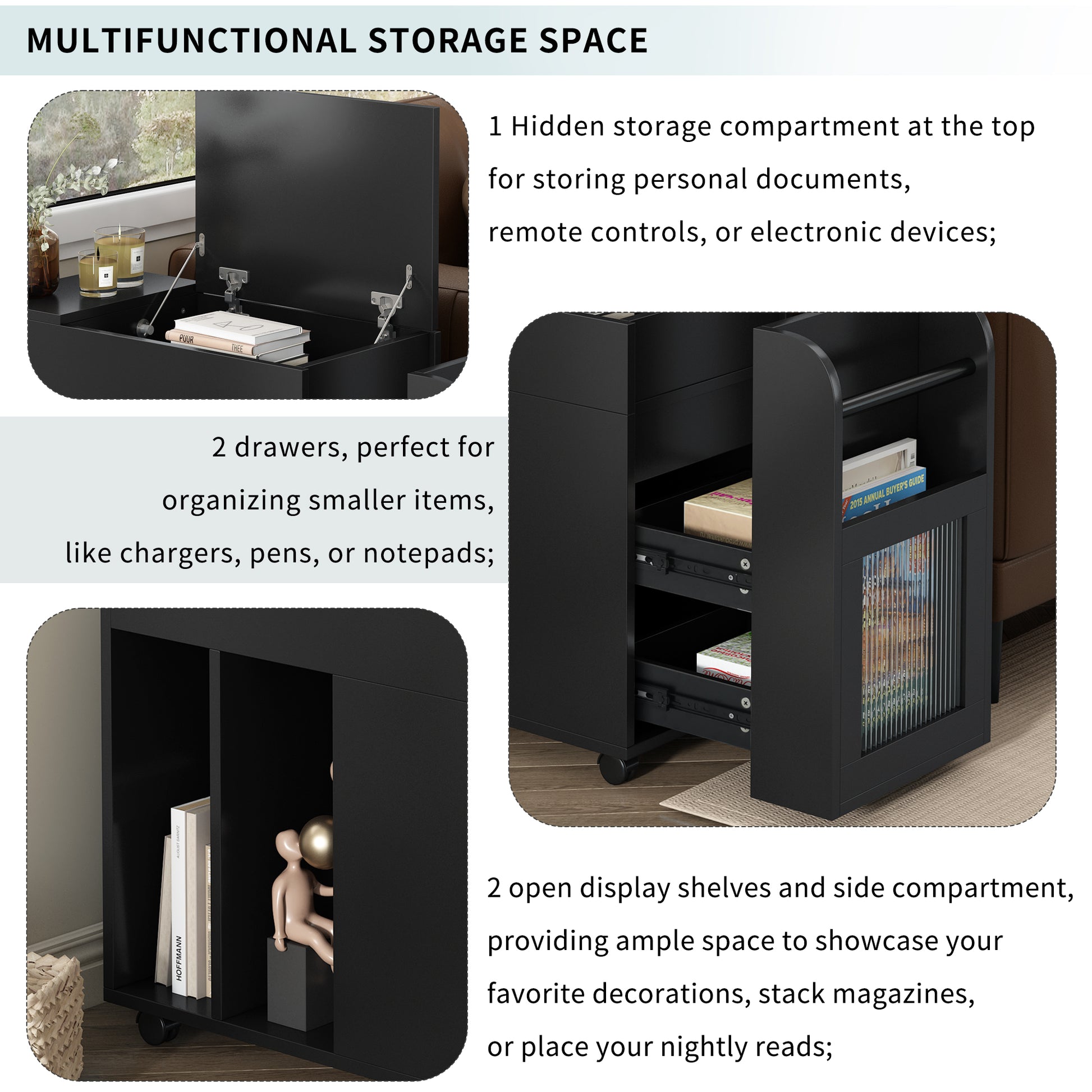 Multifunctional Extendable End Table With Wheels, Side Table With Tempered Glass Door, 2 Storage Shelves, 2 Drawers For Living Room, Black Black Mdf