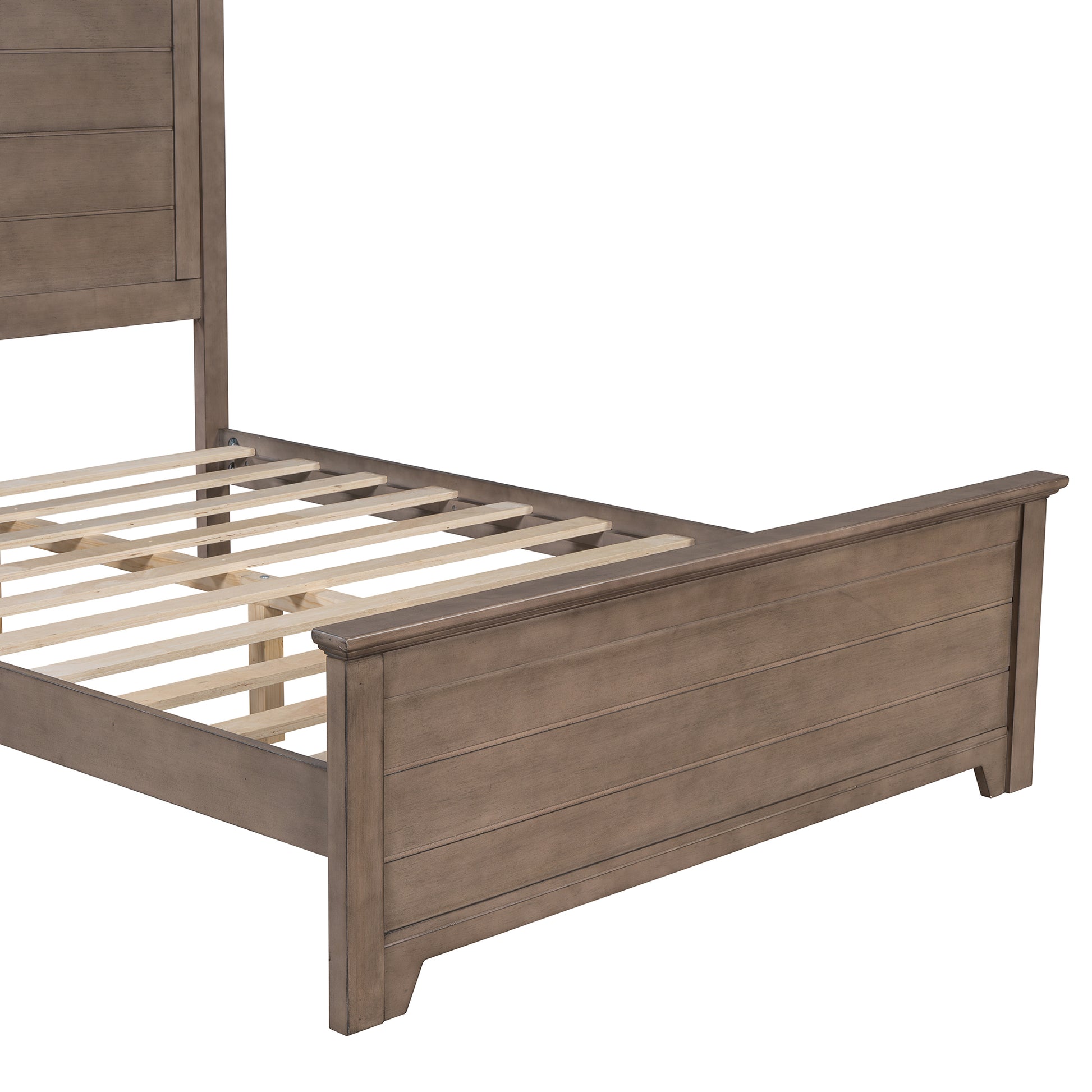 Farmhouse Wooden Platform Full Size Bed With Panel Design Headboard And Footboard For Teenager, Ash Brown Full Ash Brown Pine