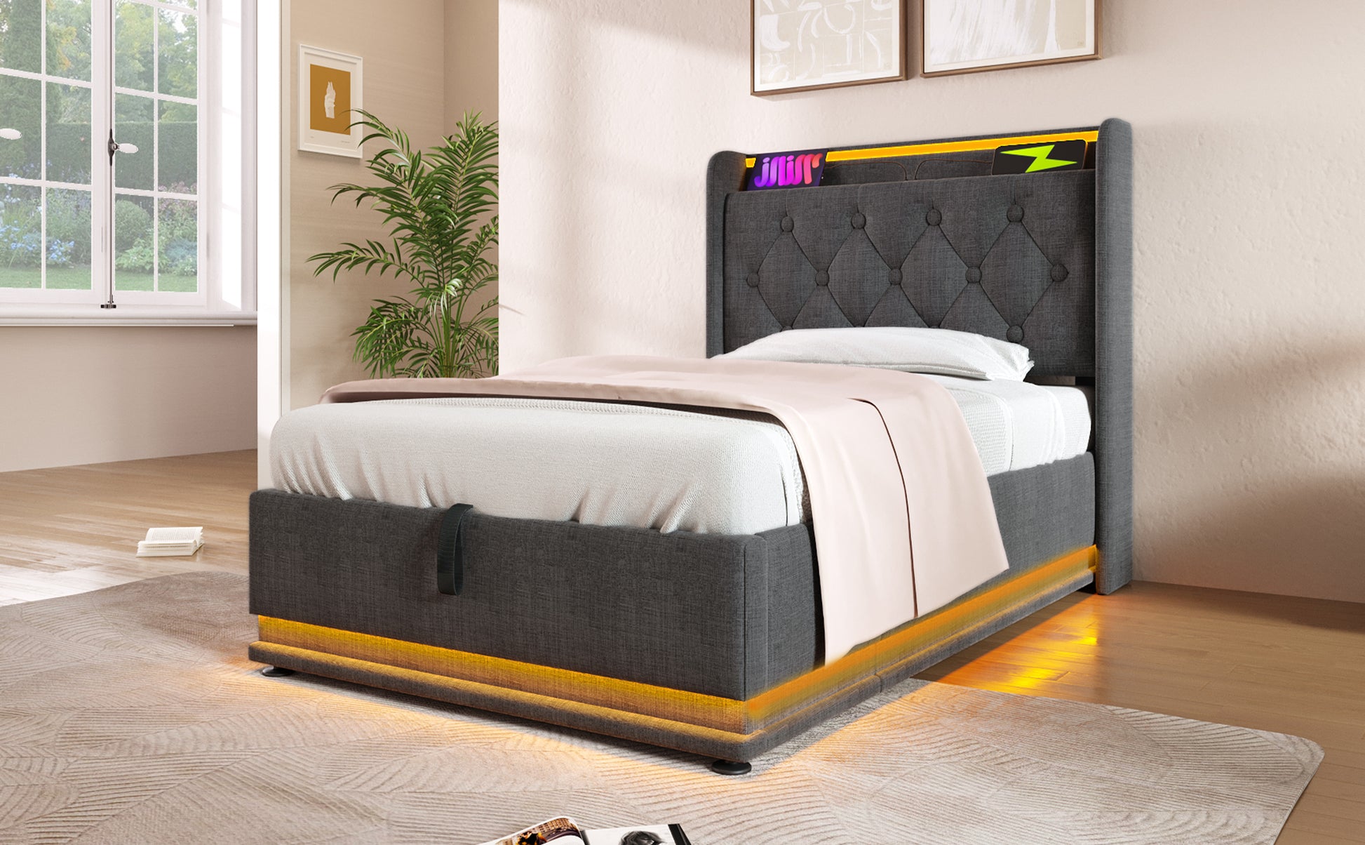 Twin Size Upholstered Bed, 360 Surround Led Function, Buttons Apps Remote Control, Hydraulic Storage Bed With Usb Type C Charging, Gray,Linen Without Mattress Twin Gray Linen