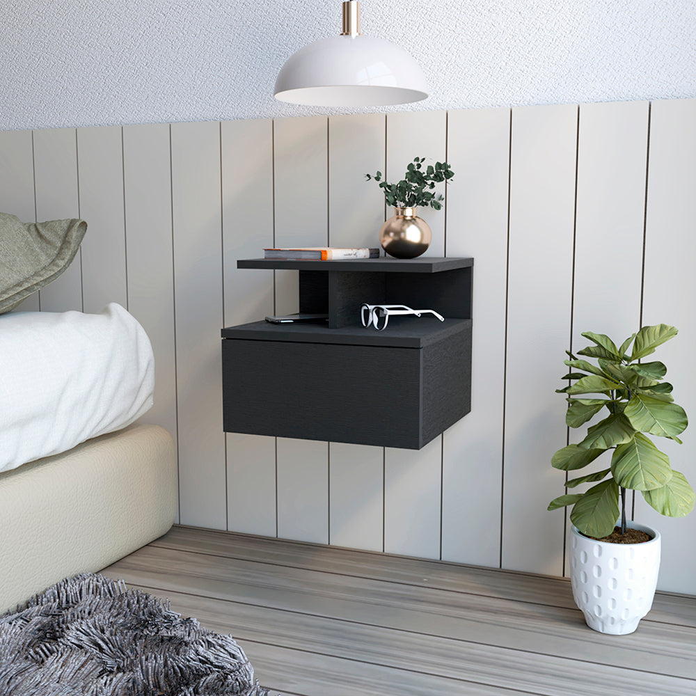 Floating Nightstand Flopini, One Drawer, Black Wengue Finish Black Particle Board